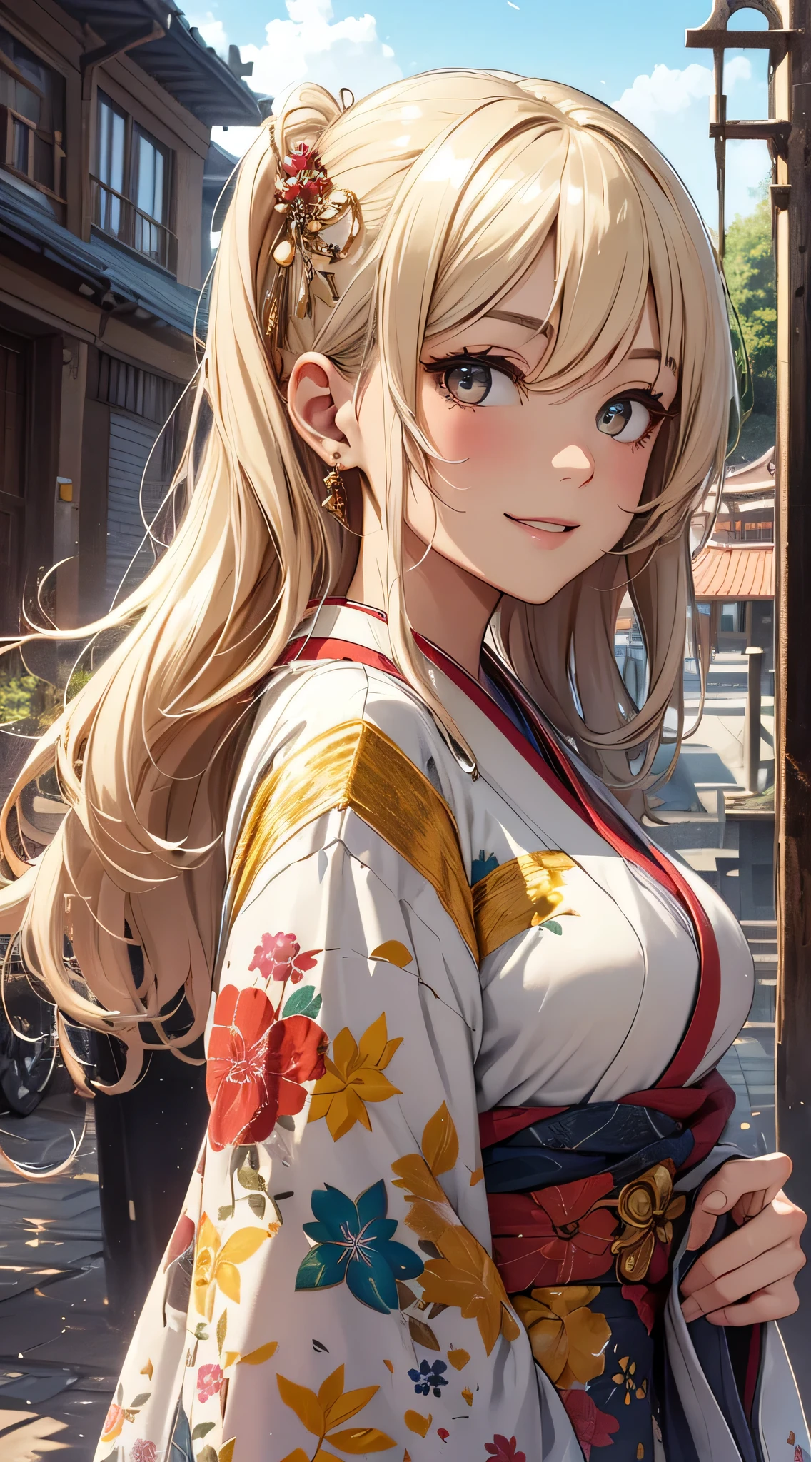 top-quality、Top image quality、masterpiece、teens girl((18year old、 Ager、Best Bust、Medium bust,wide open breast tea、Golden Eyes, a blond、poneyTail、A slender,Highest valley、Red kimono、Cute Hair Ornament、The best smile、Frolic)),hiquality、Beautiful Art、Background with((jpn、Blue sky、shrines、torii gate、Bright sun、big crowd)),masutepiece、depth of fields、movie、visualart、Perfect Art、POV POV Perspective