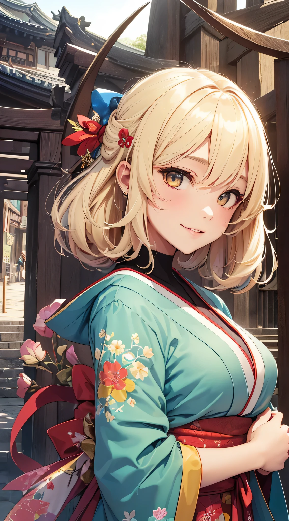 top-quality、Top image quality、masterpiece、teens girl((18year old、 Ager、Best Bust、Medium bust,wide open breast tea、Golden Eyes, a blond、poneyTail、A slender,Highest valley、Red kimono、Cute Hair Ornament、The best smile、Frolic)),hiquality、Beautiful Art、Background with((jpn、Blue sky、shrines、torii gate、Bright sun、big crowd)),masutepiece、depth of fields、movie、visualart、Perfect Art、POV POV Perspective