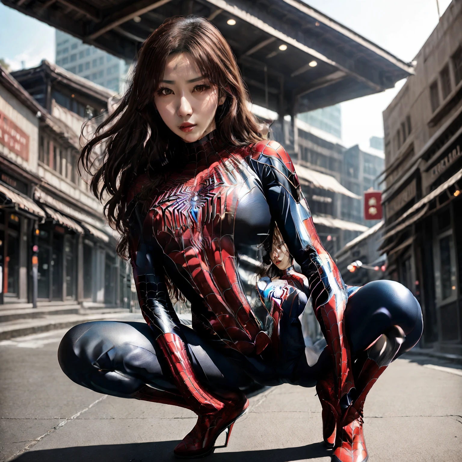 Arafi woman wearing a spider suit posing on the sidewalk, ( ( spiderwoman ) ), Spider Woman, spiderwoman!!, spiderwoman!!!!!, wearing tight suit, park shin hye as a super villain, Wonderful, full samurai armor spiderman, iu lee ji-eun as a super villain, magnifica, taken with canon eos 5 d mark iv, lara croft as spiderwoman