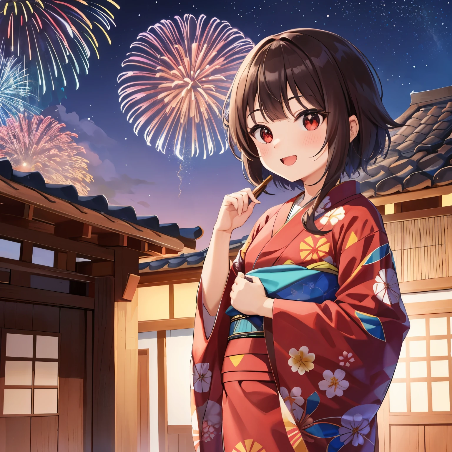 Fireworks full of the night sky、Fireworks background、Noite、menina oi-escola (Megumin)、soio、pequeno bonito、seios pequenos、Virado para os lados、um sorriso、uma menina da beleza、brown hair、Rabo de osso、Japoneses、夏天、yukata floral、Obra-prima do perfil, qualidade superior, alta resolução, ighly detalhado, Antecedentes detalhados, cinemac lighting , Fantastic night view with bokeh、fora de casa, red eyes, cabelos castanhos, cabelos curtos.