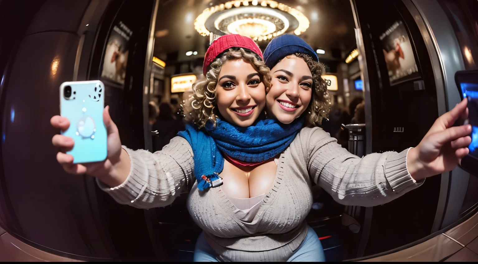 realisticlying、53-year-old chubby male, facial hair,  stubble, body hair, (((beautiful round feminine face))),  (( taking a fisheye selfie in the middle of a very busy crowd of people celebrating new years eve at times Square in New York city) ),  holding a champagne glass in the air,,Blonde  wavy hair with pink highlights 、 ((curly brown hair)), ((baggy eyes, brows feet, chin dimple,)),Super Fit shimmer winter Wear、Wearing yogs pants, , A sexy、Smile、Sexy poses , two heads, ((2heads)),conjoined dicephalus, ((chubby, overweight, plump)), hyperrealistic,masterpiece,8k,((((big bulge)))), snowy and windy, wearing an oversized colorful scarf, red knit cap, blue knit cap