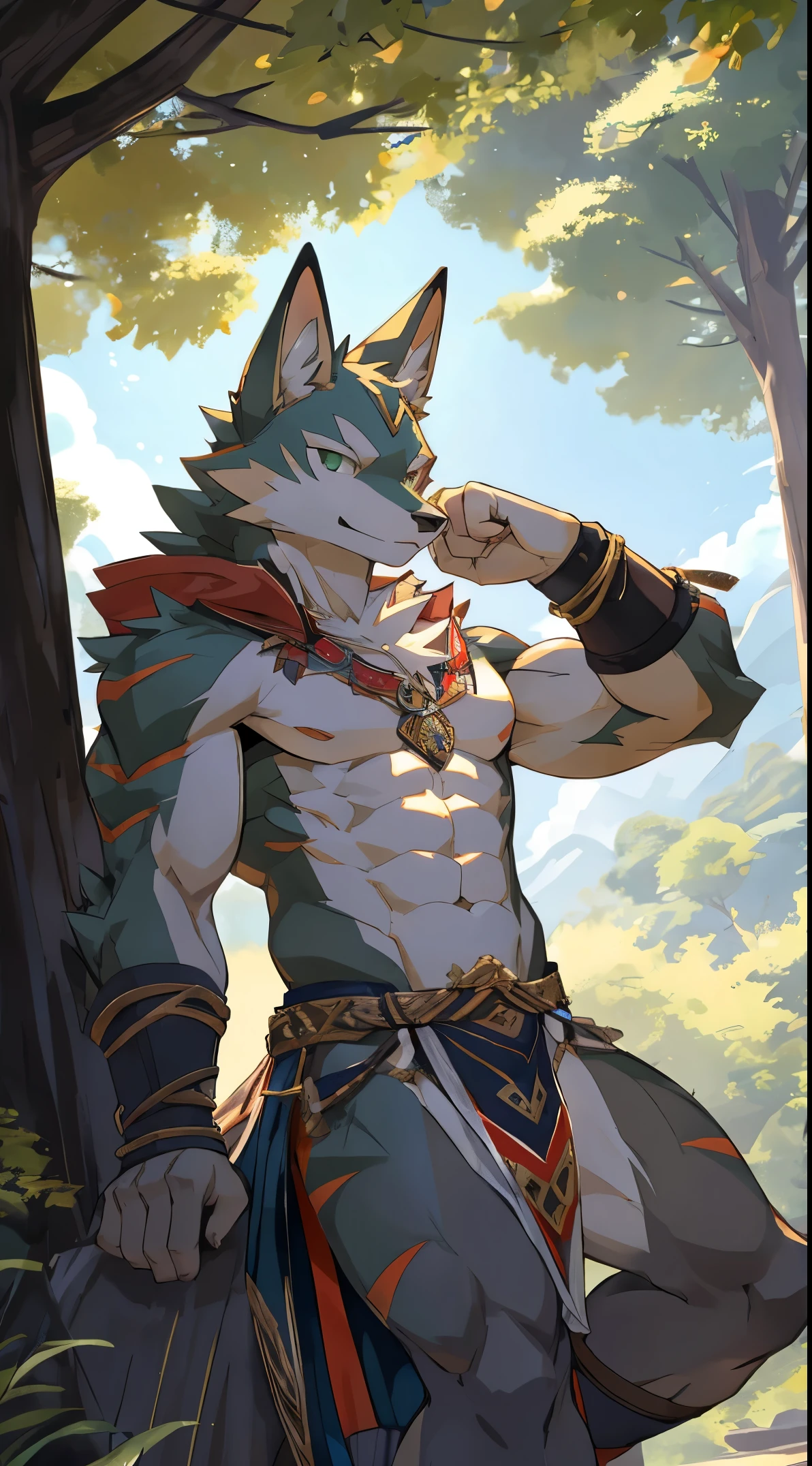 Seto (Tokyo After-School Summoners), Seto(Wandering Longing), Seth (it), Seto, Kazuma Koda, coyote, Green Eye, Grey Body, white body, Brown Body, stripes, stripes 몸체, wear a loincloth, youthful, High Quality, 8K, High image quality, NSFW, pixiv, shadowy, A composition where the whole body is visible, The right ratio, skiny, Sexy, Sexy Men, Muscular, Sexy muscles, slender fit body, elegant posed, sit on the tree