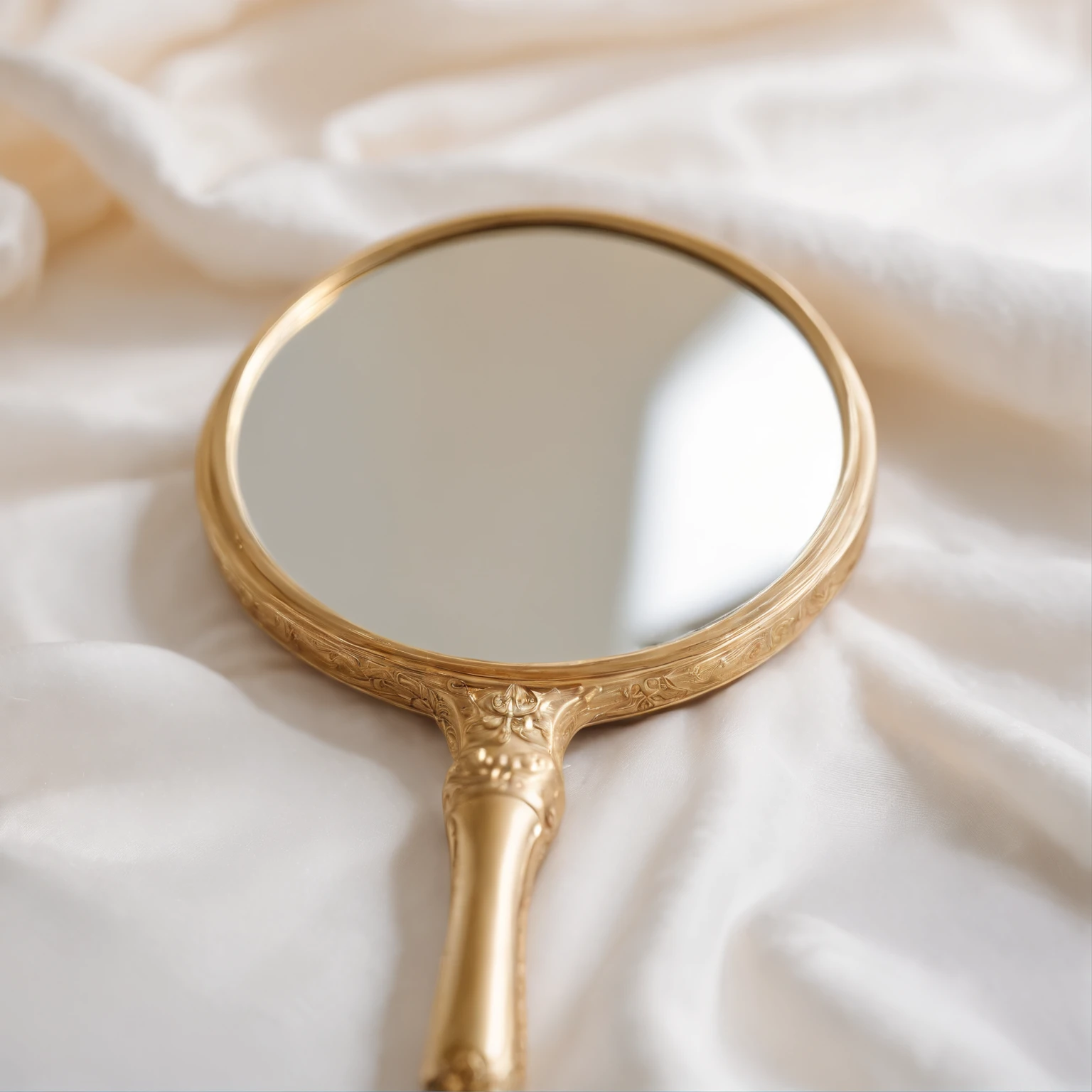 gold hand mirror on white silk sheet.
