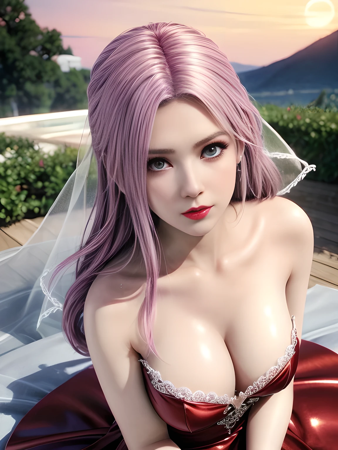 (top views),1 girl,Vampires, Elise,(in wedding dresses, bridal gown),jewely,Tattooed with,Redlip,(Glossy glossy skin:1.4),鎖骨,Charming cleavage,during night, full_themoon, As estrelas,(tmasterpiece:1.5), (Best quality at best:1.35),(Realistis:1.4), detailed,8K,computer graphics image processing,detailed头发,,Expressive eyes, s the perfect face, real fingers,depth of fields,Similar colors,a warm color palette,softlighting,low-contrast,hard shadows,Desaturate Hue, 流行超Realistis,