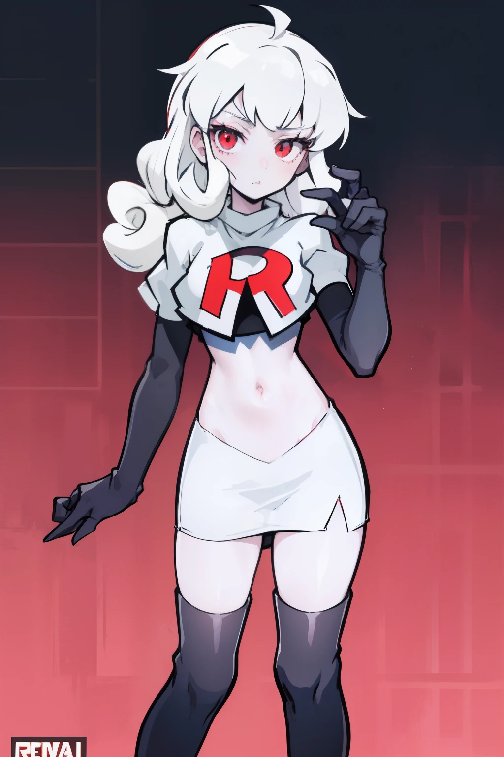masterpiece, best quality, red eyes, white curly kair, team rocket,team rocket uniform,white skirt,red letter R,crop top,black thigh-highs,black elbow gloves, comic strip