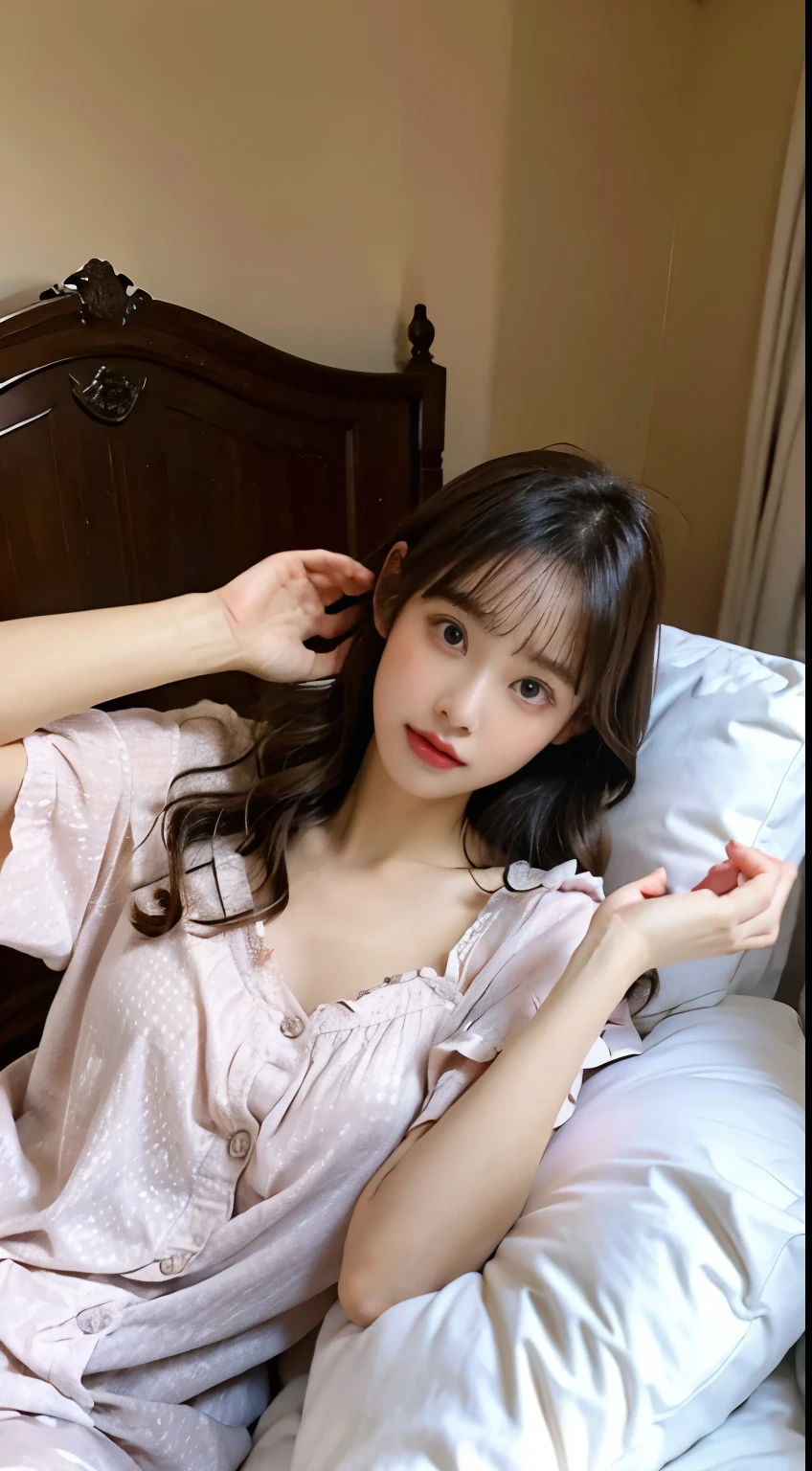 Photo of a beautiful woman in a feminine decorated room, wearing nightdress, Lie down,Mopping head with hands,She's mostly covered in pajamas , The messy hair on the bed shows that she just woke up.