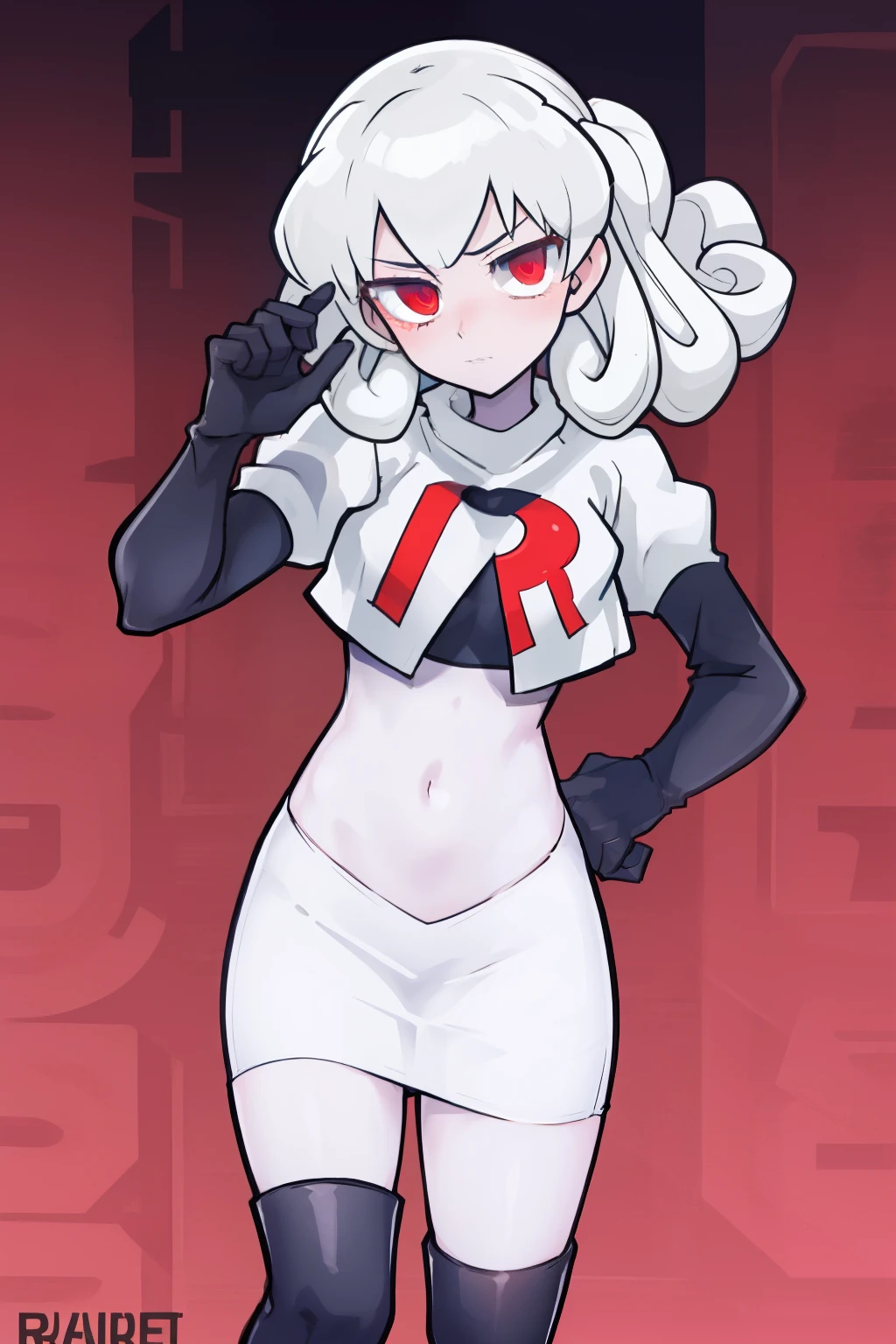 masterpiece, best quality, red eyes, white curly kair, team rocket,team rocket uniform,white skirt,red letter R,crop top,black thigh-highs,black elbow gloves, comic strip