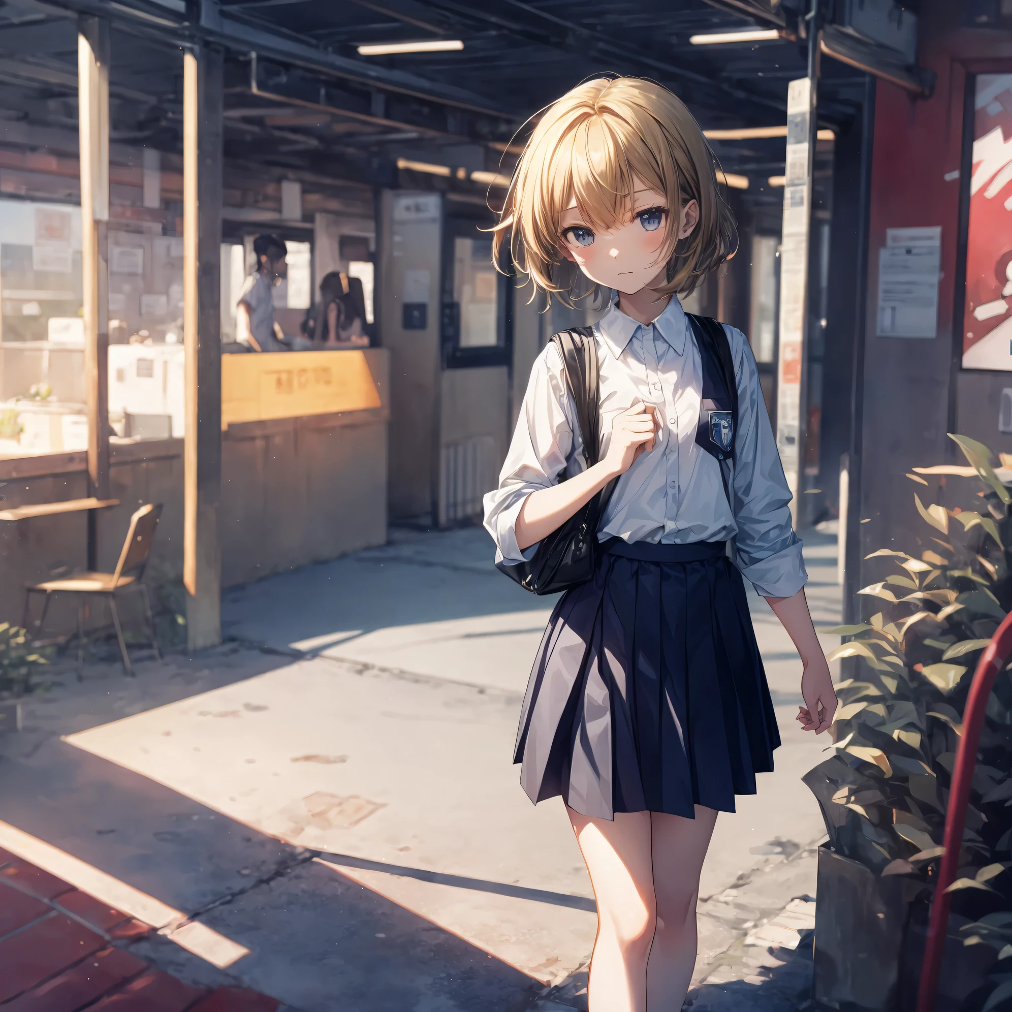 Super high quality by the art god, Ultra-detailed, High resolution, Shinkai Makoto style, anime moe art style, best anime 8K konachan wallpaper, Pixiv Contest Winner, Perfect Anatomy, BREAK,(Please draw a sleepy girl going to school alone.. ),BREAK, a hyperrealistic schoolgirl, (Solo,Lori,child,13years:1.3),Full limbs, complete fingers,a junior high school student, Androgynous attraction, (extra very short hair), hair messy, flat and soft chest, Small butt, groin, Small eyes,Beautiful detailed black eyes, Well-proportioned iris and pupils, disgusted eye, High resolution detailed hair, School uniform, Skirt, On the way to school. BREAK,Ultra-detailed細なスキン, Best lighting by famous artists, 8K, Illustration,