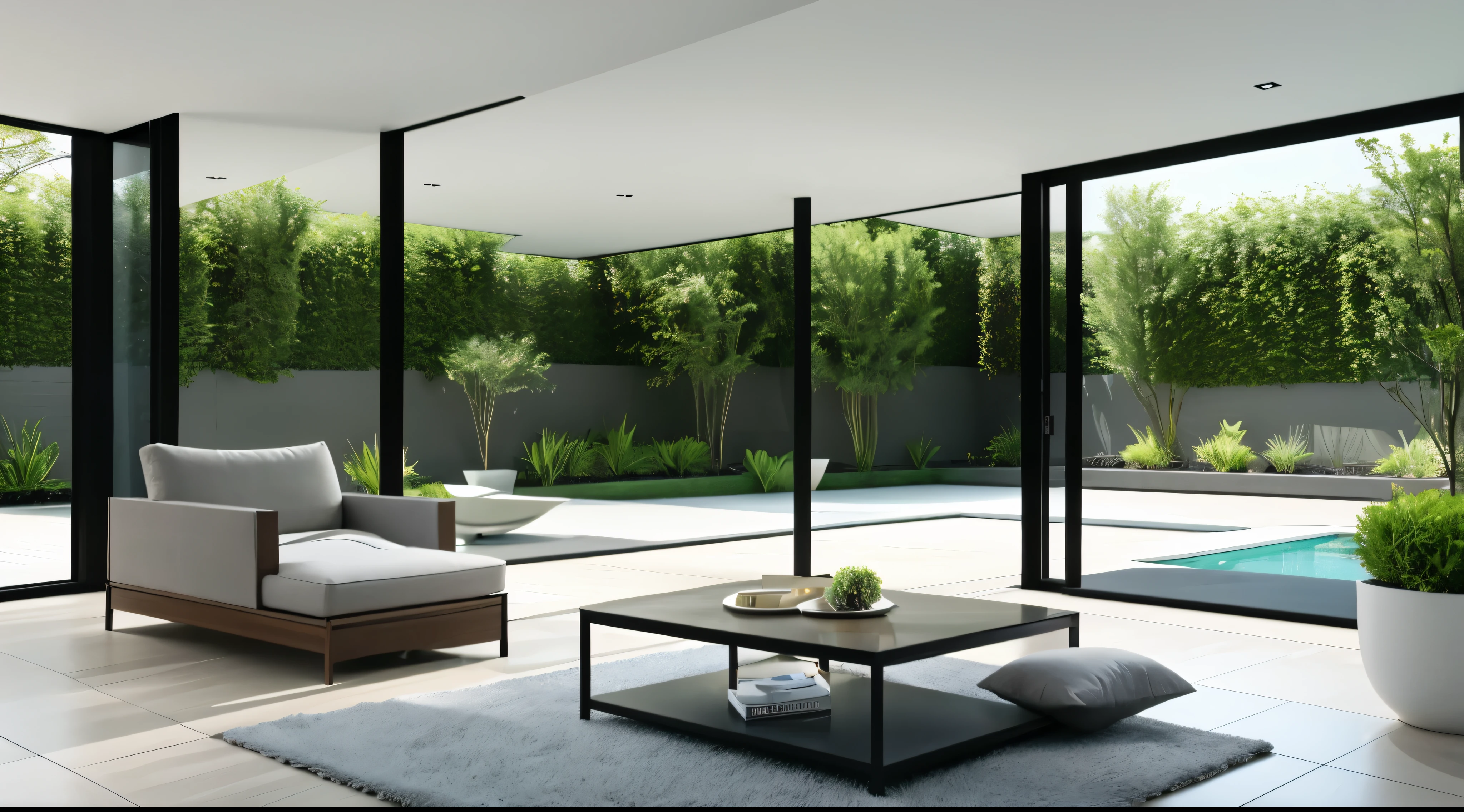 You are a famous interior designer、You have been asked to create a 3D image of a modern large room. Create a harmonious environment with modern and minimalist furniture. Including garden interior.