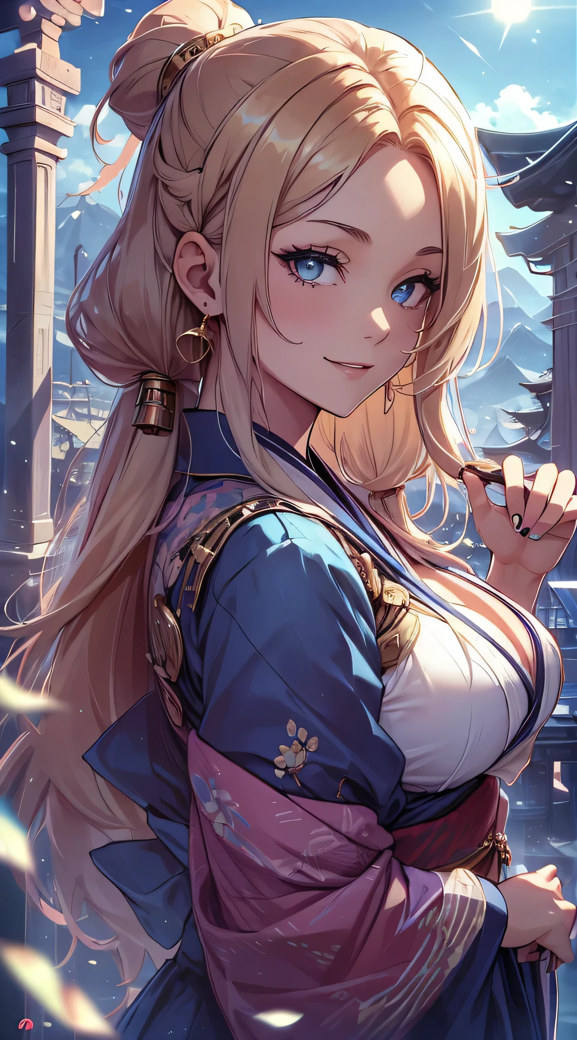 top-quality、Top image quality、​masterpiece、teens girl((18year old、 Ager、Best Bust、Medium bust,wide open breast tea、Golden Eyes, a blond、poneyTail、A slender,Highest valley、Red kimono、Cute Hair Ornament、The best smile、Frolic)),hiquality、Beautiful Art、Background with((jpn、Blue sky、shrines、torii gate、Bright sun、big crowd)),masutepiece、depth of fields、movie、visualart、Perfect Art、POV POV Perspective