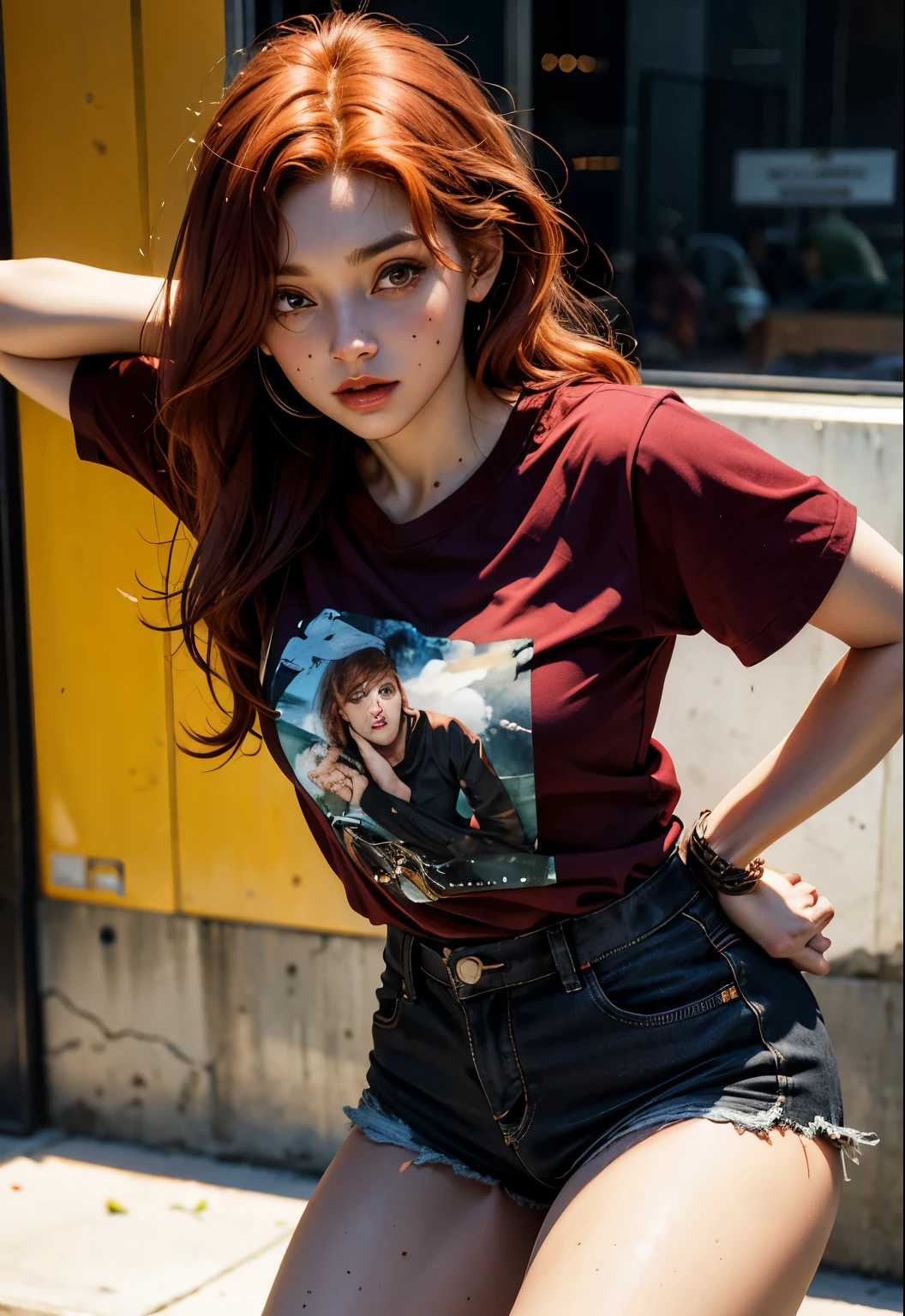 redhead, olhos azuis, Black shorts, camiseta preta, Bonito, rabo-de-cavalo, 21 anos, luvas pretas, sentado,