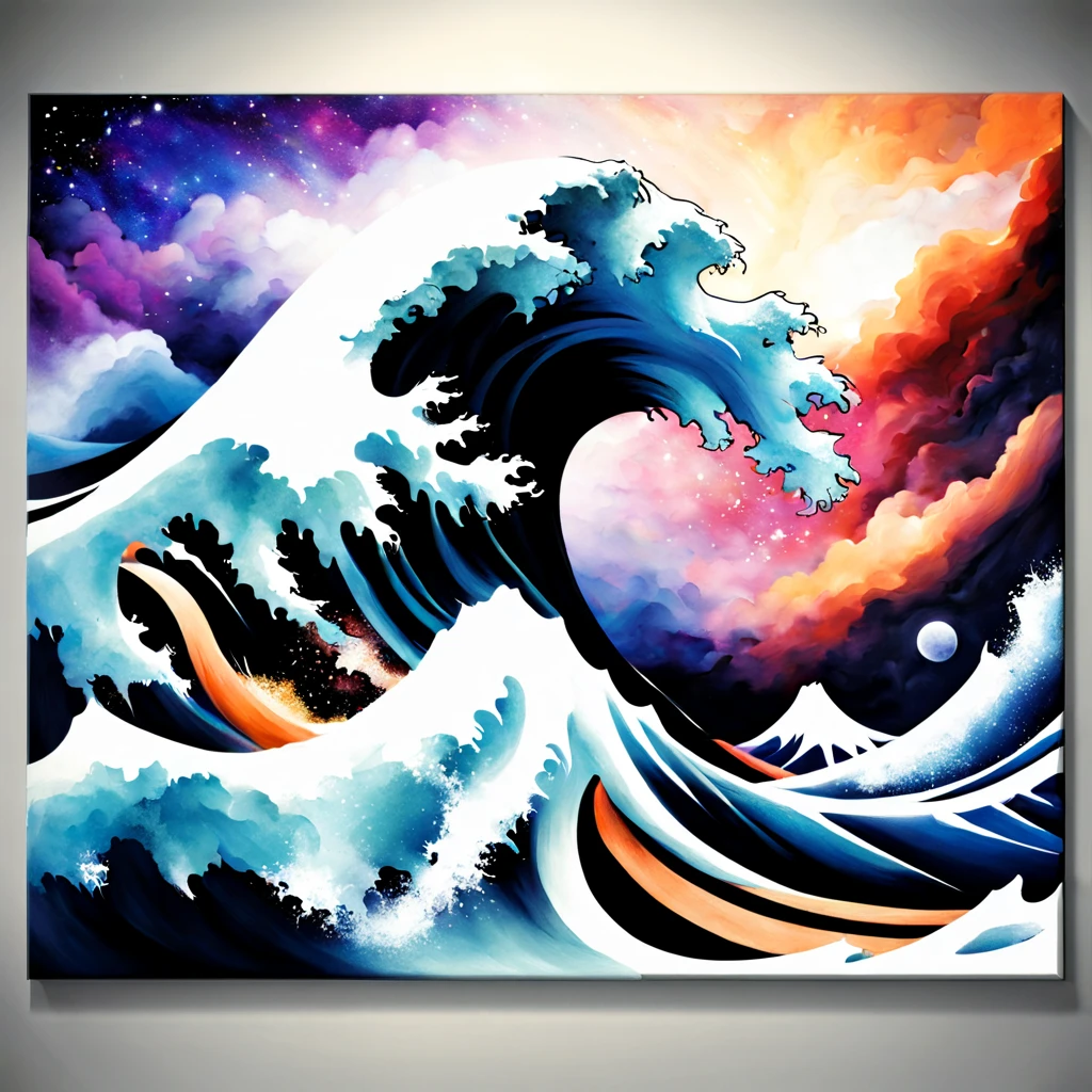 Tsunami as large as the world, in canvas painting art style, background cosmos