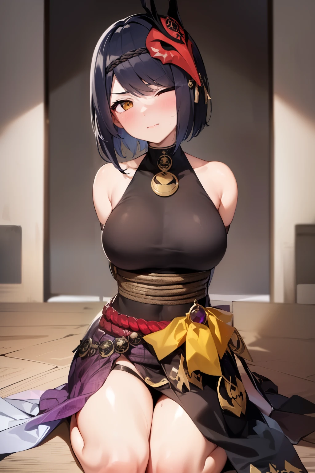 masutepiece, Best Quality, 1girl in, Kujo Shallow, Indoor, ((((Dark background)))), (Basement), Practical lighting, (candle light), Sweat, ((Zashiki Prison)), ((Dark room)), bird mask, Mask, mask on head, Black hair, Short hair, Yellow eyes, gloves, sox, ((Large breasts)), Sleeveless, Black Gloves, Wide sleeves, Black bodysuit, Ultra Detail, Wrapped in a rope, ((((Bondage)))) ((Rope Bondage)), Ultra Detail, ((Shibari)), (((((The rope is wrapped around the body many times))))), brown Rope, blush, (((Painful))), (((Close one eye))), blush, Sveti, angry, Shy, wariza, Sitting on tatami mats, Thighs together, Clenching teeth,