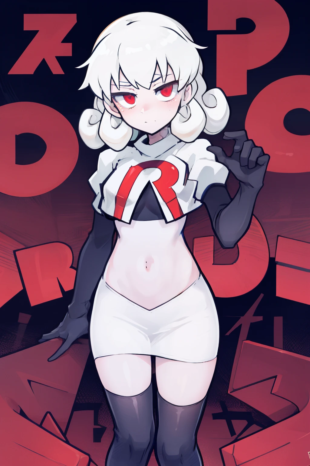 masterpiece, best quality, red eyes, white curly kair, team rocket,team rocket uniform,white skirt,red letter R,crop top,black thigh-highs,black elbow gloves, comic strip
