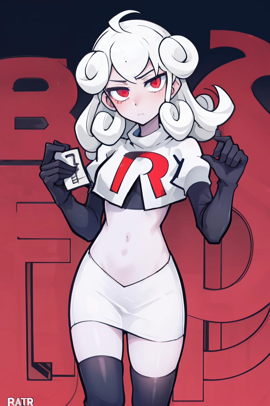 masterpiece, best quality, red eyes, white curly kair, team rocket,team rocket uniform,white skirt,red letter R,crop top,black thigh-highs,black elbow gloves, comic strip