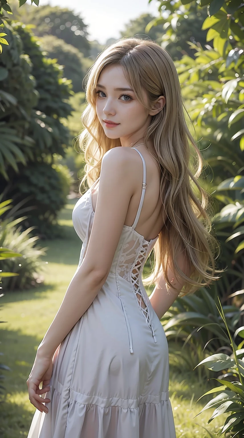 American white woman with unparalleled looks、dark blonde、Semi-long hair、Hair is wavy、mischief 、A slender、Out of focus background of open meadow in the forest、The sun filtering through the trees is beautiful、a smile、Looking at the camera、A slenderでありながら胸が大きく均整の取れた身体、Posing like a model、Looking from the side、There must be space above the head、She is wearing a mini-length corset dress made of transparent lace.