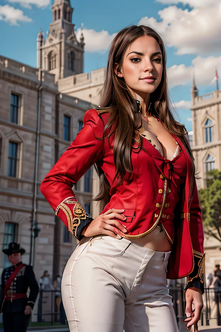 ((masterpiece)), ((best quality)), digital painting, ((photorealistic)), wide angle shooting, beautiful, sexy woman, brown eyes, long hair, eyebrows, facial details, wearing a royal uniform, ((red jacket , epaulettes)), cleavage, (tight white trousers), British royal guard uniform, sexy, outdoors, sweet smile, perfect body anatomy, complicated soldier uniform, hips, big thighs, cowboy shot, (facing the audience) , Background, parliament building, Royal Palace, luxury, sky, clouds, (super, high detail), professional photographer (hyper detail), depth of field, sharp lighting, focus, (intricate detail), ultra UHD, 16k​ ​