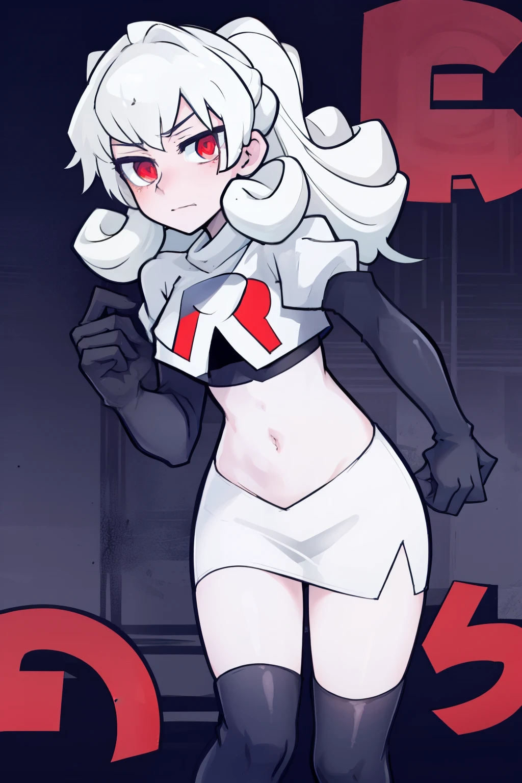 masterpiece, best quality, red eyes, white curly kair, team rocket,team rocket uniform,white skirt,red letter R,crop top,black thigh-highs,black elbow gloves, comic strip