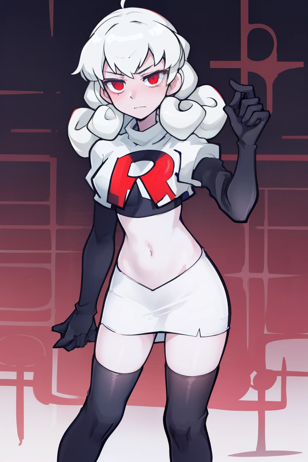 masterpiece, best quality, red eyes, white curly kair, team rocket,team rocket uniform,white skirt,red letter R,crop top,black thigh-highs,black elbow gloves, comic strip