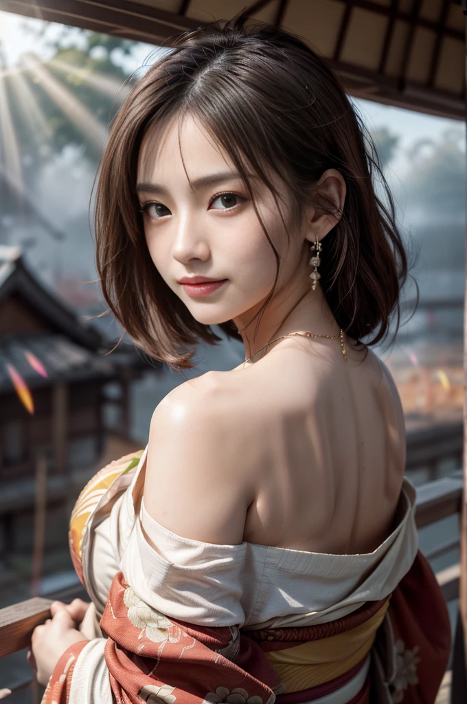 (Photoreal Stick:1.5, masutepiece:1.5, RAW shooting, 8K), (top-quality, ​masterpiece, 超A high resolution), morning, January, Precincts of the shrine, ((fog the lens:1.4)), ((Shoot with blur:1.5)), ((sunrises, Sunlight coming in from behind:1.6, Strong sunlight spreads across the screen:1.6)), ((Strong sunlight shines on a woman:1.7)), ((The entire screen appears white and hazy due to strong sunlight.:1.8)), ((The woman looks blurry due to the strong sunlight:1.9)), Face Sharp Focus:1.3, Professional camera work:1.3, Highly detailed skin and facial texture:1.3, Grow Light Effect, The ultra-detailliert:1.3, 1girl in, Fair skin, (Sense of clarity:1.4, a small face), Extremely beautiful face:1.5, (Sense of clarityを感じる目:0.9, looking distantly), A smile:1.0, i love you completely:0.8, (Slightly open mouth:0.4, Sense of clarityを感じる口当たり:0.7), 二重まぶた, Dark brown medium hair, necklace and earrings, (japanese kimono, off shoulders)