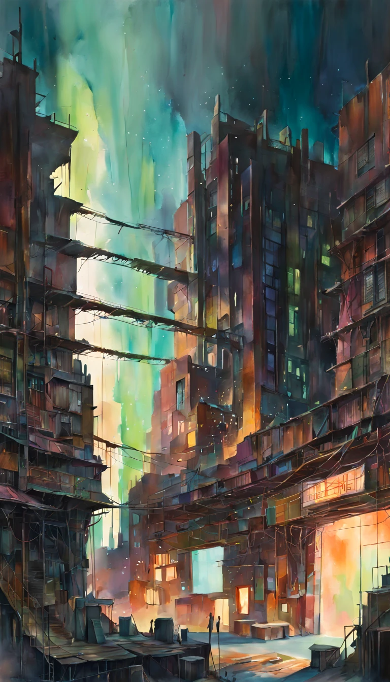 (best quality,4k,8k,highres,masterpiece:1.2), kyotopunk,ultra-detailed,megastructure with an abstract design,night lighting,ruined post apocalyptic world,cheerful vibe,no humans,watercolor painting,abstract architecture,ethereal glow,subdued colors,futuristic remnants,crumbling structures,dynamic shapes,organic patterns,glowing neon lights,reflective surfaces,serene atmosphere,soft brushstrokes,mysterious ambiance,layered textures,graffiti-like elements,complex composition,delicate blending,haunting beauty,harmony of chaos,industrial decay,ethereal beauty,uninhabited metropolis,captivating tension,dreamlike quality