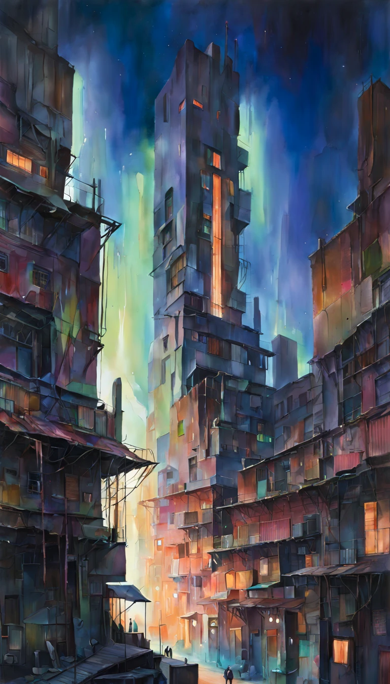 (best quality,4k,8k,highres,masterpiece:1.2), kyotopunk,ultra-detailed,megastructure with an abstract design,night lighting,ruined post apocalyptic world,cheerful vibe,no humans,watercolor painting,abstract architecture,ethereal glow,subdued colors,futuristic remnants,crumbling structures,dynamic shapes,organic patterns,glowing neon lights,reflective surfaces,serene atmosphere,soft brushstrokes,mysterious ambiance,layered textures,graffiti-like elements,complex composition,delicate blending,haunting beauty,harmony of chaos,industrial decay,ethereal beauty,uninhabited metropolis,captivating tension,dreamlike quality