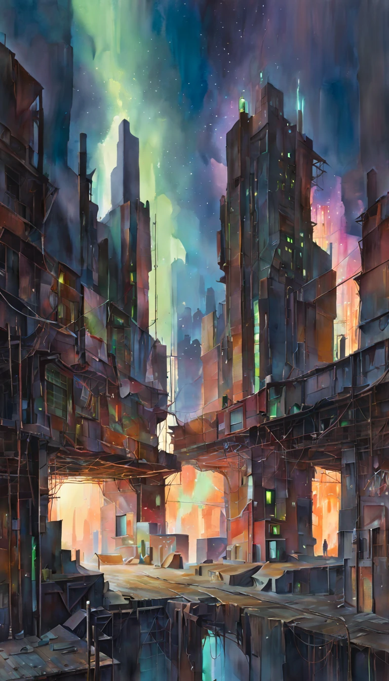 (best quality,4k,8k,highres,masterpiece:1.2), kyotopunk,ultra-detailed,megastructure with an abstract design,night lighting,ruined post apocalyptic world,cheerful vibe,no humans,watercolor painting,abstract architecture,ethereal glow,subdued colors,futuristic remnants,crumbling structures,dynamic shapes,organic patterns,glowing neon lights,reflective surfaces,serene atmosphere,soft brushstrokes,mysterious ambiance,layered textures,graffiti-like elements,complex composition,delicate blending,haunting beauty,harmony of chaos,industrial decay,ethereal beauty,uninhabited metropolis,captivating tension,dreamlike quality