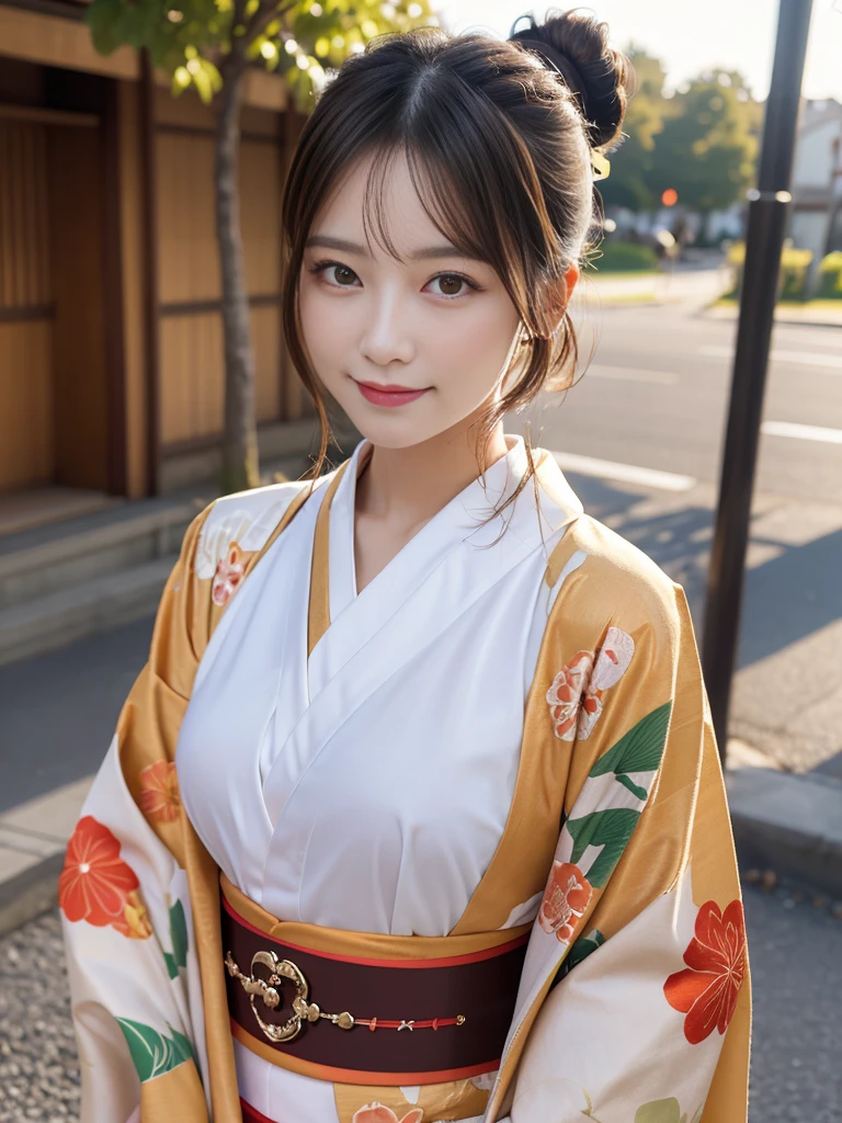 (8K, RAW highest quality, tmasterpiece:1.2),(realisticlying, photos realistic:1.4),tmasterpiece,FULL BODYSHOT,体FULL BODYSHOT,The season is winter,Under the clear winter sky、A woman in her 20s wearing a beautiful kimono、Walk along the gravel path。
A woman has an、In a luxurious orange kimono、He was wearing a white belt.。
Women's hair is、brown,Bun hair,
A woman has an、He was wearing white gloves on his hands.。
A woman has an、I was walking on the approach,hyperdetailed face,Super detailed beautiful eyes,Ultra detailed hands,Super detailed and beautiful thin fingers,Super detailed and accurate kimono,beautiful smiling face,low angles,Angle looking up from below,super detailed beautiful nails