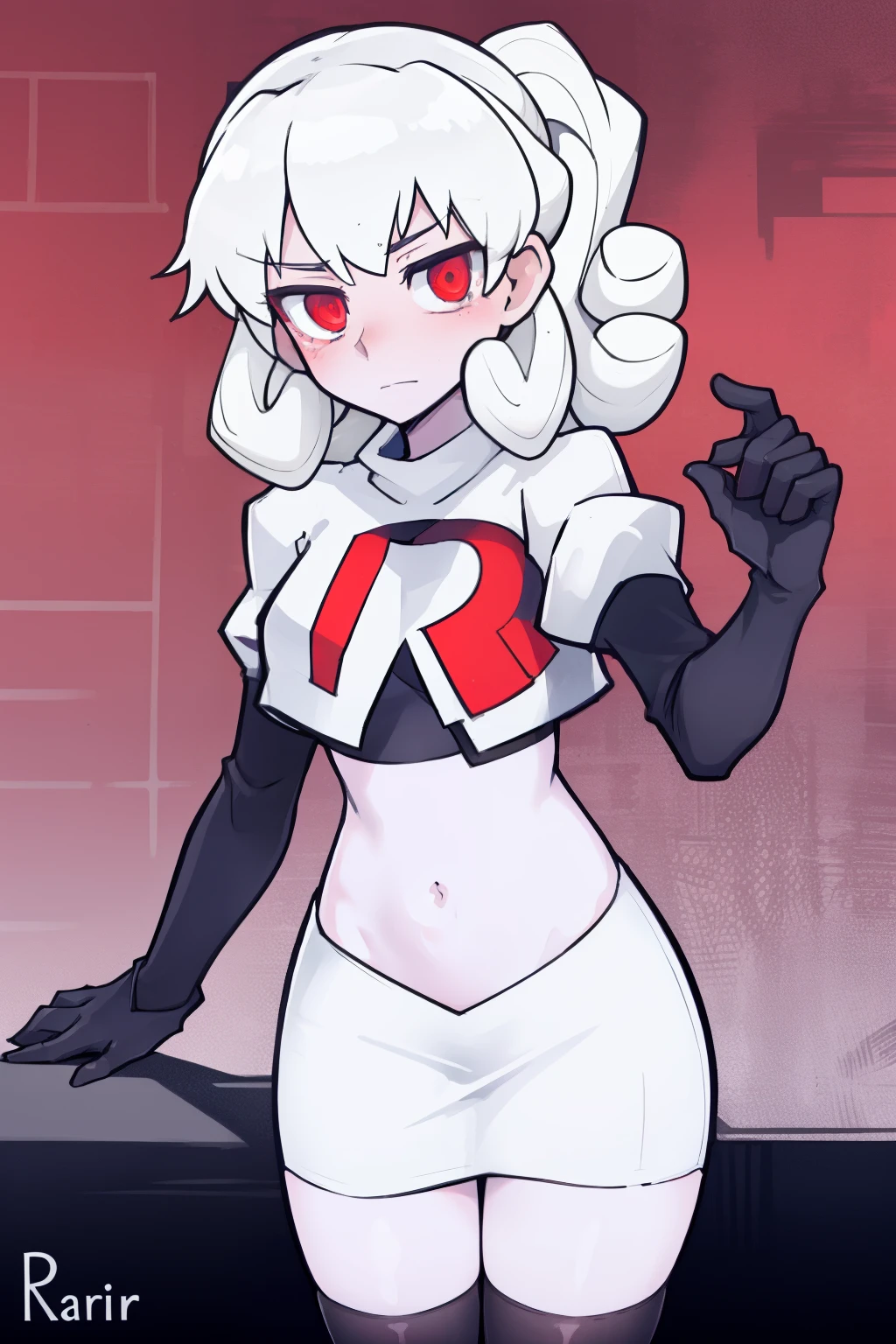 masterpiece, best quality, red eyes, white curly kair, team rocket,team rocket uniform,white skirt,red letter R,crop top,black thigh-highs,black elbow gloves, comic strip