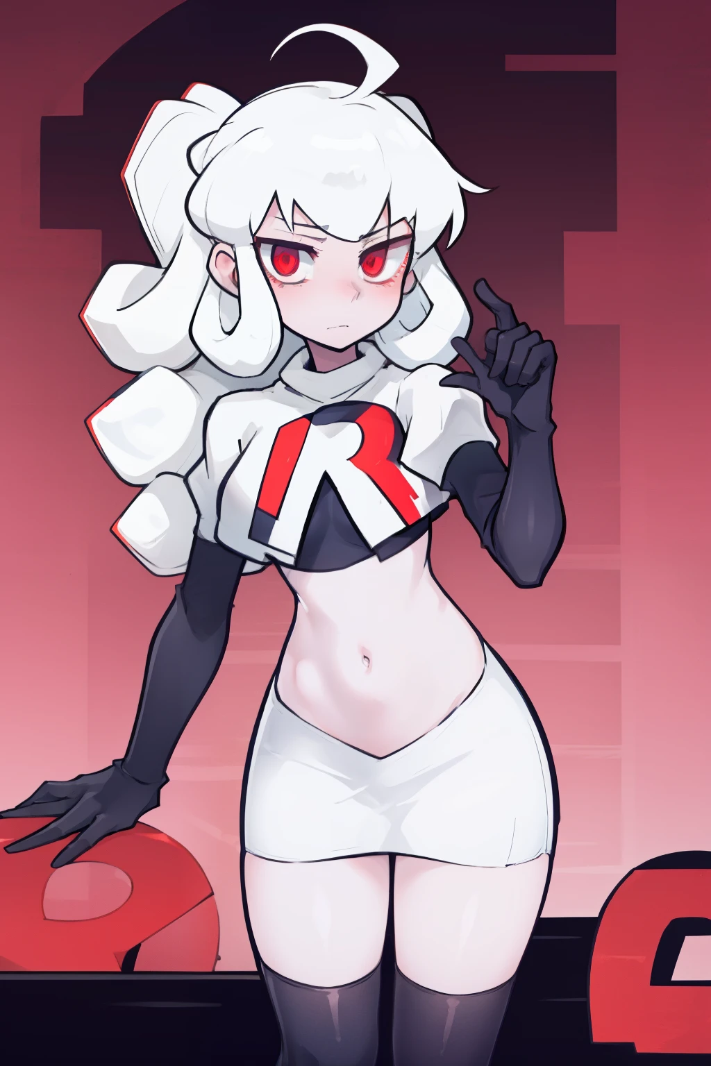 masterpiece, best quality, red eyes, white curly kair, team rocket,team rocket uniform,white skirt,red letter R,crop top,black thigh-highs,black elbow gloves, comic strip