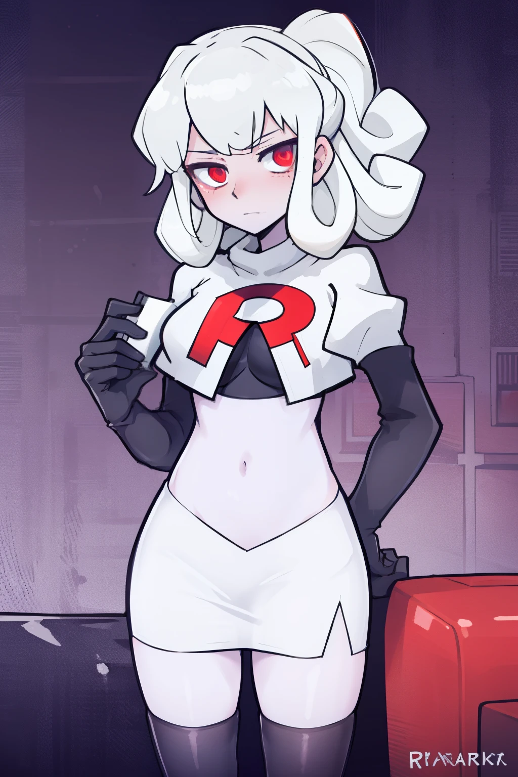 masterpiece, best quality, red eyes, white curly kair, team rocket,team rocket uniform,white skirt,red letter R,crop top,black thigh-highs,black elbow gloves, comic strip