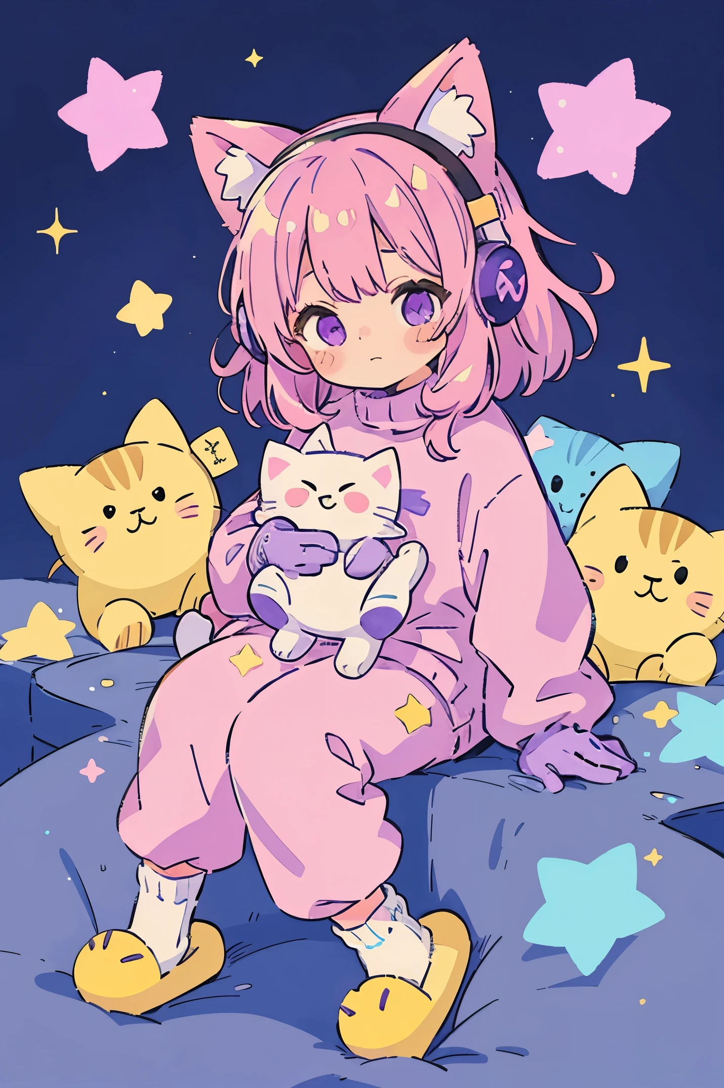 cat girl, solo, gloves, fluffy clothes, pants, sweater, sleeves, socks, slippers, pastel colors, (purple, blue, pink, yellow), cozy, dreamy, stars, stickers, bubbles, glitter, sparkles, plushies, headphones