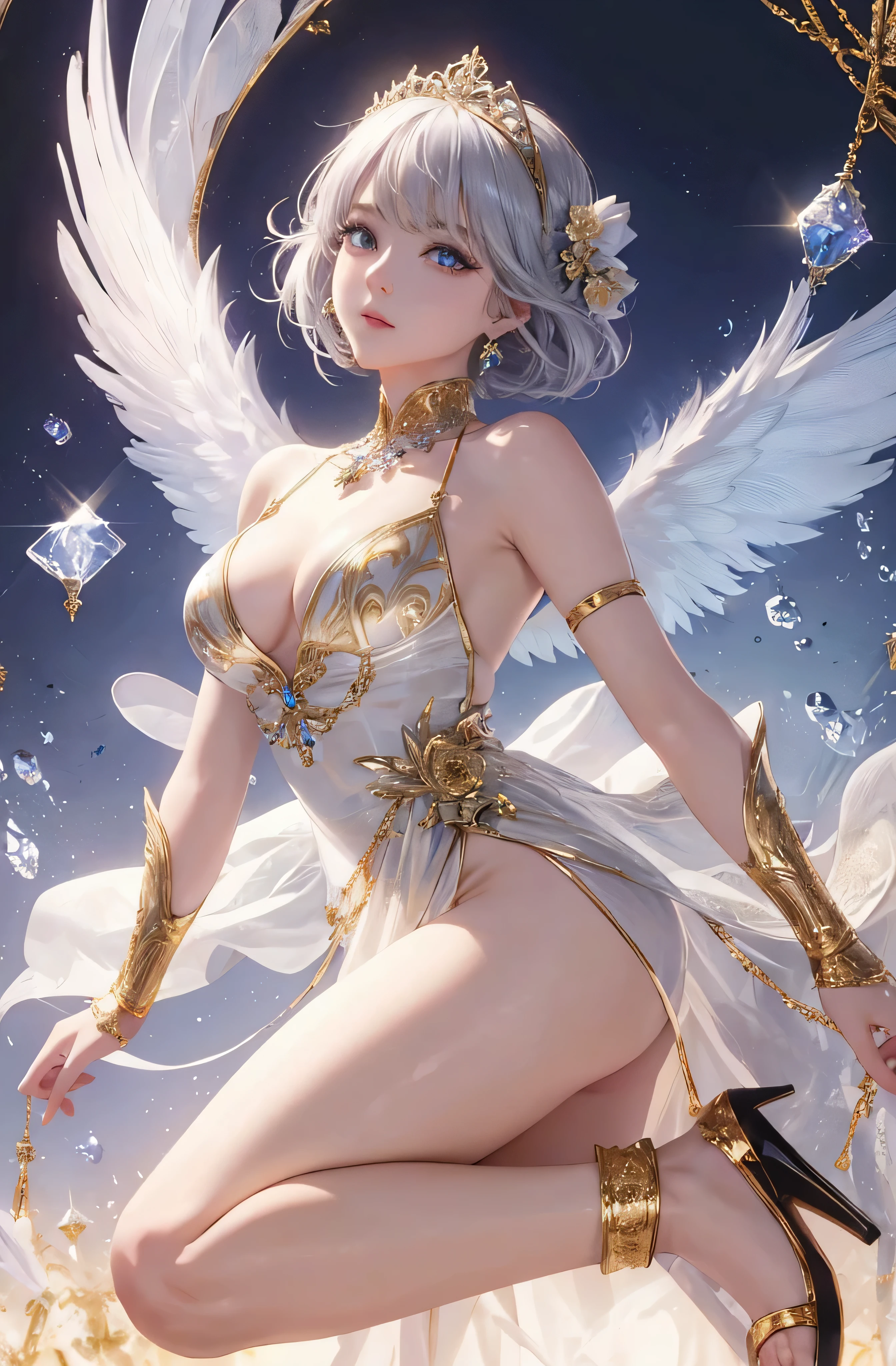 Castle in the distance、The face is front、Looking at the camera、profile、8K、realphoto、超A high resolution, Master Parts, Best Quality, nffsw , cinematic images,Lovely girl、ann、16 only、annグロサクソン、二重まぶた、drooing eyes、Very big eyes、Eyes purple、Dark eye shadow、The lips are very thin、The tip of the nose stretches beautifully.............................、small nostrils,,,,, ighly detailed , Silver hair、Straight short hair、ssmile、 Sweet look 、a very beautiful woman、legs are long、、Very clear shadows , jewely , A detailed eye, very intricate, shiny skins , パーフェクトブリリannト, Perfect Lighting, Dramatic shadows、White tiara on head、Gold necklace around the neck、White aristocratic dress with gold embroidery、Glass High Heels、Angel White Wings