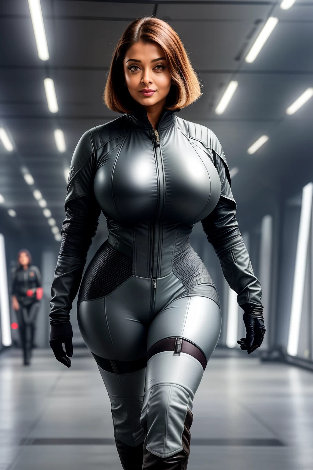 Aishwarya rai as fighter pilot, tight grey unzipped pilot uniform, knee high boots, ((catwalk in airstrip)), bright day scene, athletic curvaceous hourglass figure, big boobs, massive cleavage, look at camera and smile, ((bob cut blowing hair)), ((50 yo mature MILF figure)), soft volumetric lights, intricate details, (ArtStation:1.2)