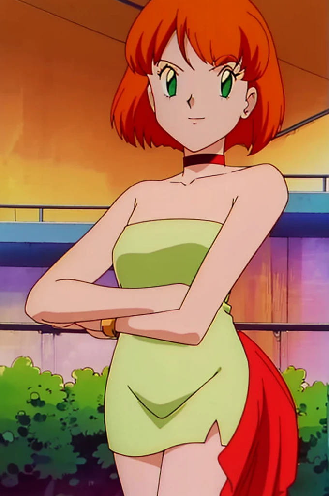 1 girl, solo, green eyes, beautiful detail eyes, orange hair, bob hair, bob cut, short hair, medium chest, strapless, little red dress, short tube dress, lovely legs, black choker, gold bracelet, smile, fancy hotel background, anime style,