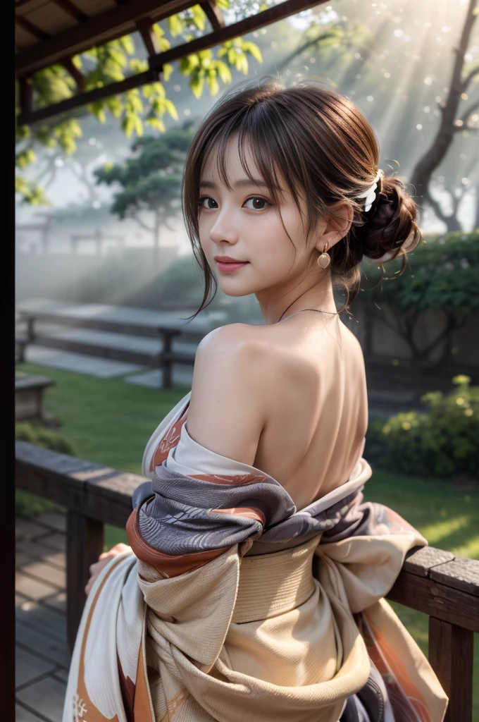 (Photoreal Stick:1.5, masutepiece:1.5, RAW shooting, 8K), (top-quality, masterpiece, 超A high resolution), morning, January, Precincts of the shrine, ((fog the lens:1.4)), ((Shoot with blur:1.5)), ((sunrises, Sunlight coming in from behind:1.6, Strong sunlight spreads across the screen:1.6)), ((Strong sunlight shines on a woman:1.7)), ((The entire screen appears white and hazy due to strong sunlight.:1.8)), ((The woman looks blurry due to the strong sunlight:1.9)), Face Sharp Focus:1.3, Professional camera work:1.3, Highly detailed skin and facial texture:1.3, Grow Light Effect, The ultra-detailliert:1.3, 1girl in, Fair skin, (Sense of clarity:1.4, a small face), Extremely beautiful face:1.5, (Sense of clarityを感じる目:0.9, looking distantly), A smile:1.0, i love you completely:0.8, (Slightly open mouth:0.4, Sense of clarityを感じる口当たり:0.7), 二重まぶた, Dark brown medium hair, necklace and earrings, (japanese kimono, off shoulders)