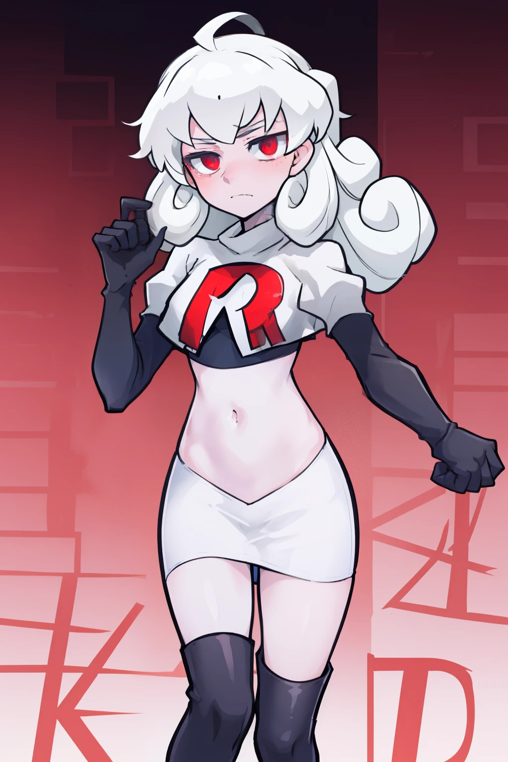 masterpiece, best quality, red eyes, white curly kair, ahoge,team rocket,team rocket uniform,white skirt,red letter R,crop top,black thigh-highs,black elbow gloves, comic strip