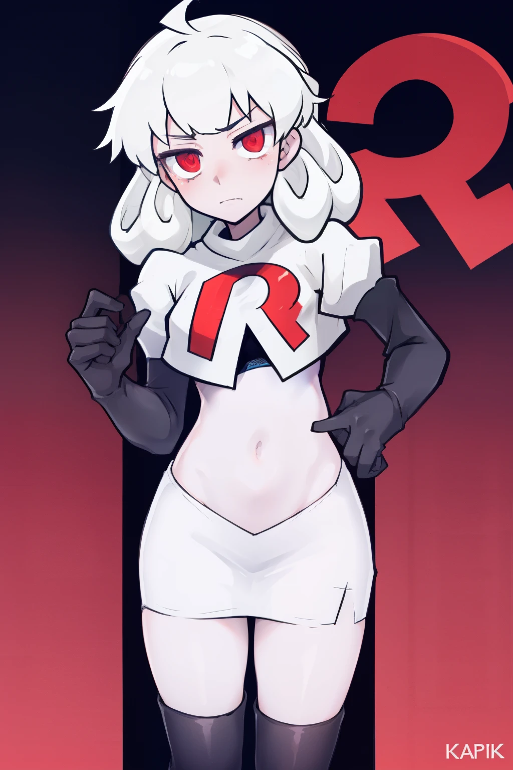 masterpiece, best quality, red eyes, white curly kair, ahoge,team rocket,team rocket uniform,white skirt,red letter R,crop top,black thigh-highs,black elbow gloves, comic strip