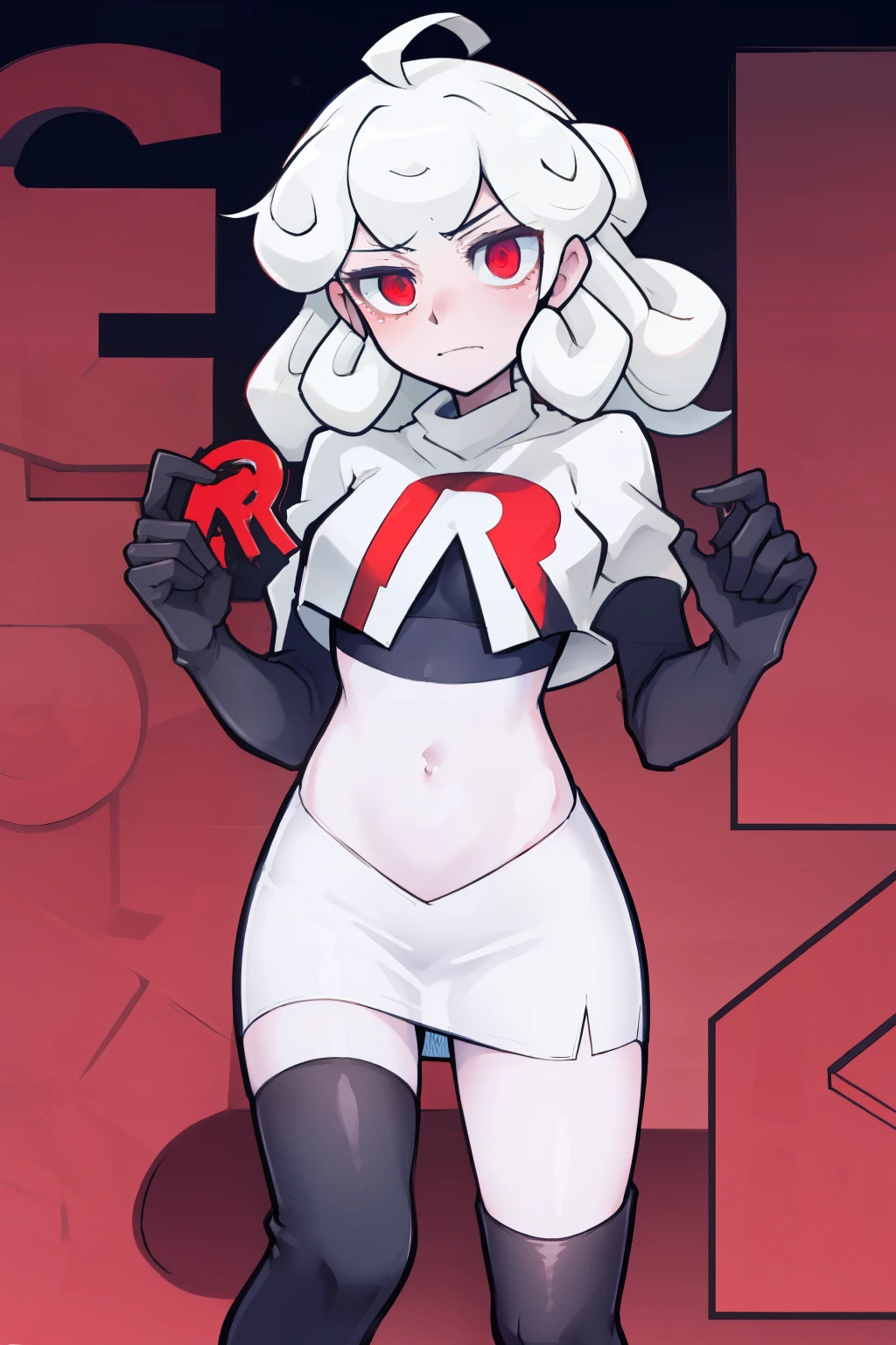 masterpiece, best quality, red eyes, white curly kair, ahoge,team rocket,team rocket uniform,white skirt,red letter R,crop top,black thigh-highs,black elbow gloves, comic strip