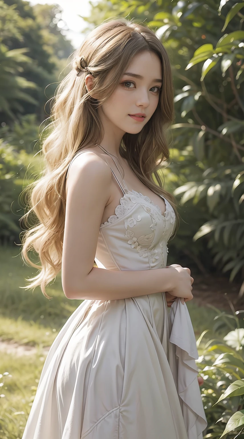 American white woman with unparalleled looks、dark blonde、Semi-long hair、Hair is wavy、mischief 、A slender、Out of focus background of open meadow in the forest、The sun filtering through the trees is beautiful、a smile、Looking at the camera、A slenderでありながら胸が大きく均整の取れた身体、Posing like a model、Looking from the side、There must be space above the head、She is wearing a mini-length corset dress made of transparent lace.