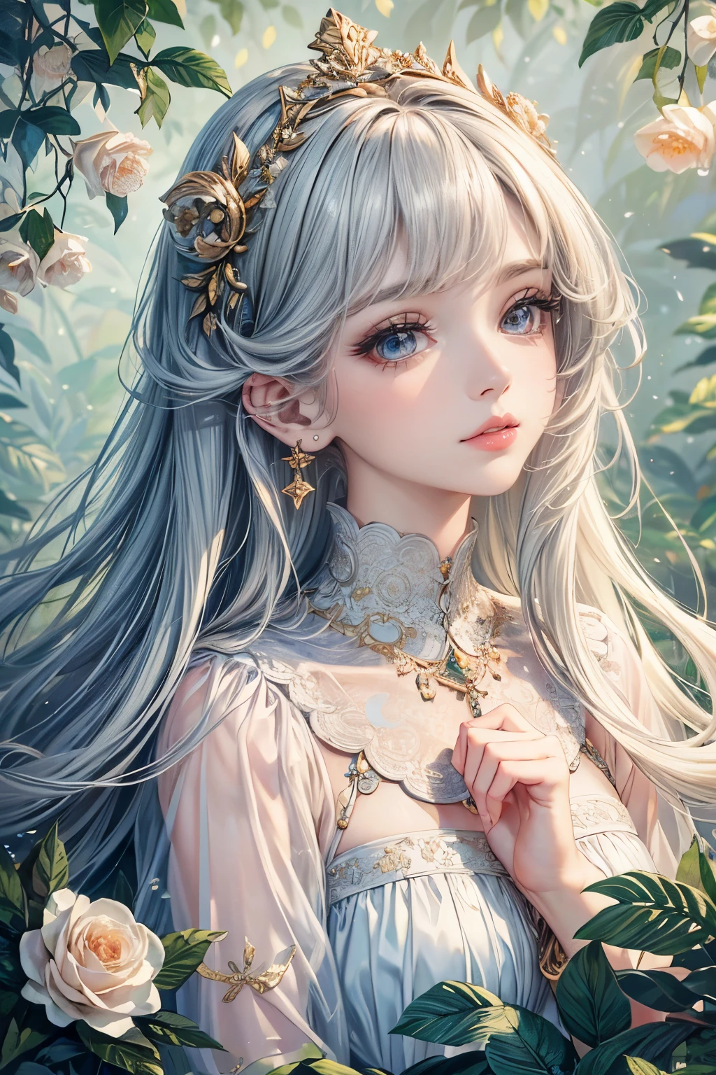 (best quality,8K,CG),detailed upper body,solitary girl,floral forest background,complex facial features,elegant long curly hair,almond-shaped big eyes,detailed eye makeup,long eyelashes,twinkling stars,exquisite lip details,soft and harmonious style.