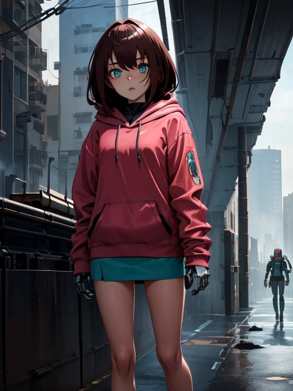 (robot girl 1.8), perfect face, teal eyes, brown hair with red highlights, pink baggy hoodie, (mechanical limbs), dystopian future, gray miniskirt, (Metal skin 1.5), realistic robot,