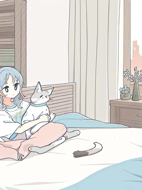 masterpiece:1.3, best quality:1.3, highly detailed, 8k raw, sunset:1.3, female_solo, kneeling_down, hug a cat, laying on bed, detailed bedroom, wearing tshirt and skirt, sneakers, light_blue_eyes, look happy, light silver hair, shiny hair, cozy and casual, animeniji, portrait, cat