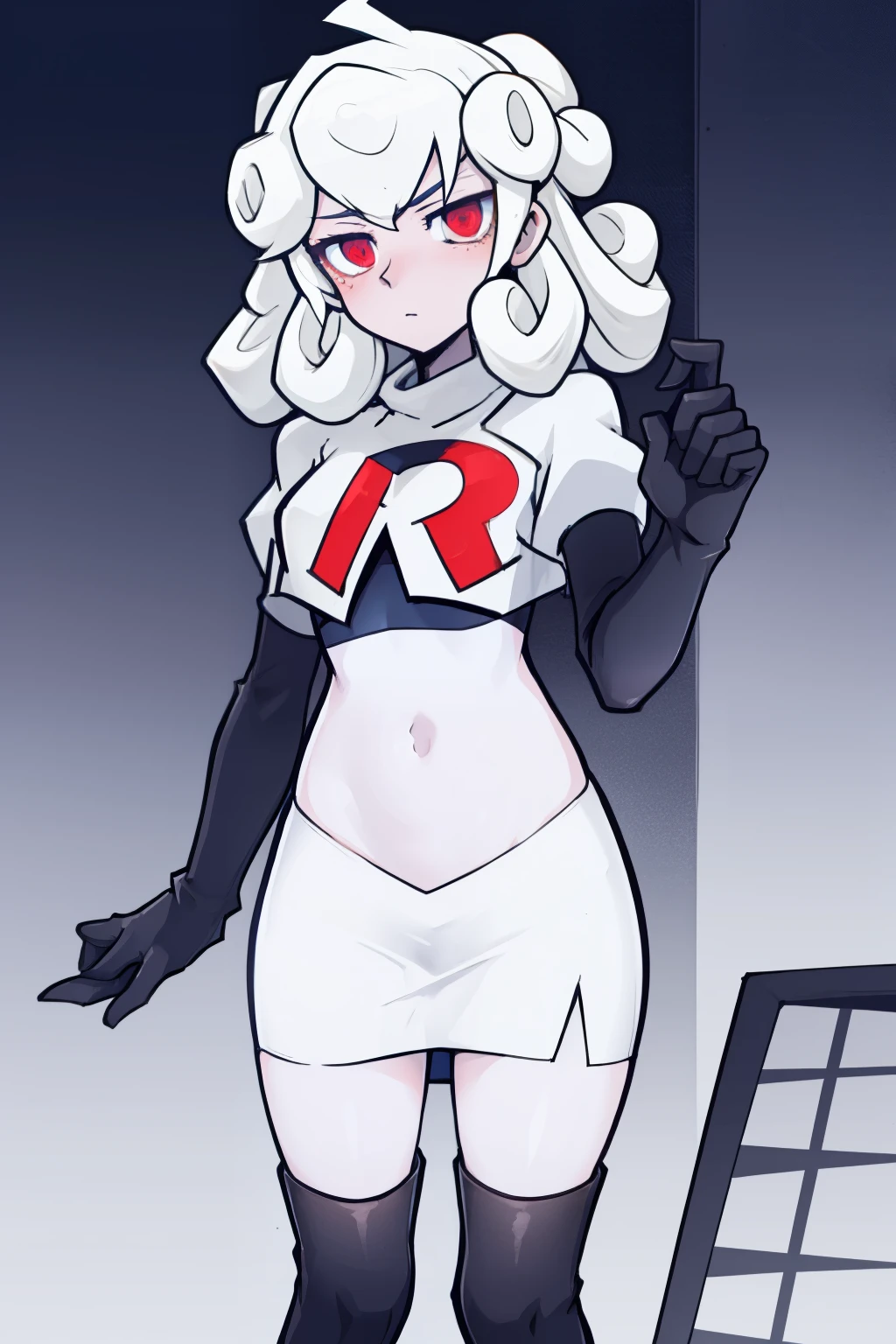 masterpiece, best quality, red eyes, white curly kair, ahoge,team rocket,team rocket uniform,white skirt,red letter R,crop top,black thigh-highs,black elbow gloves, comic strip