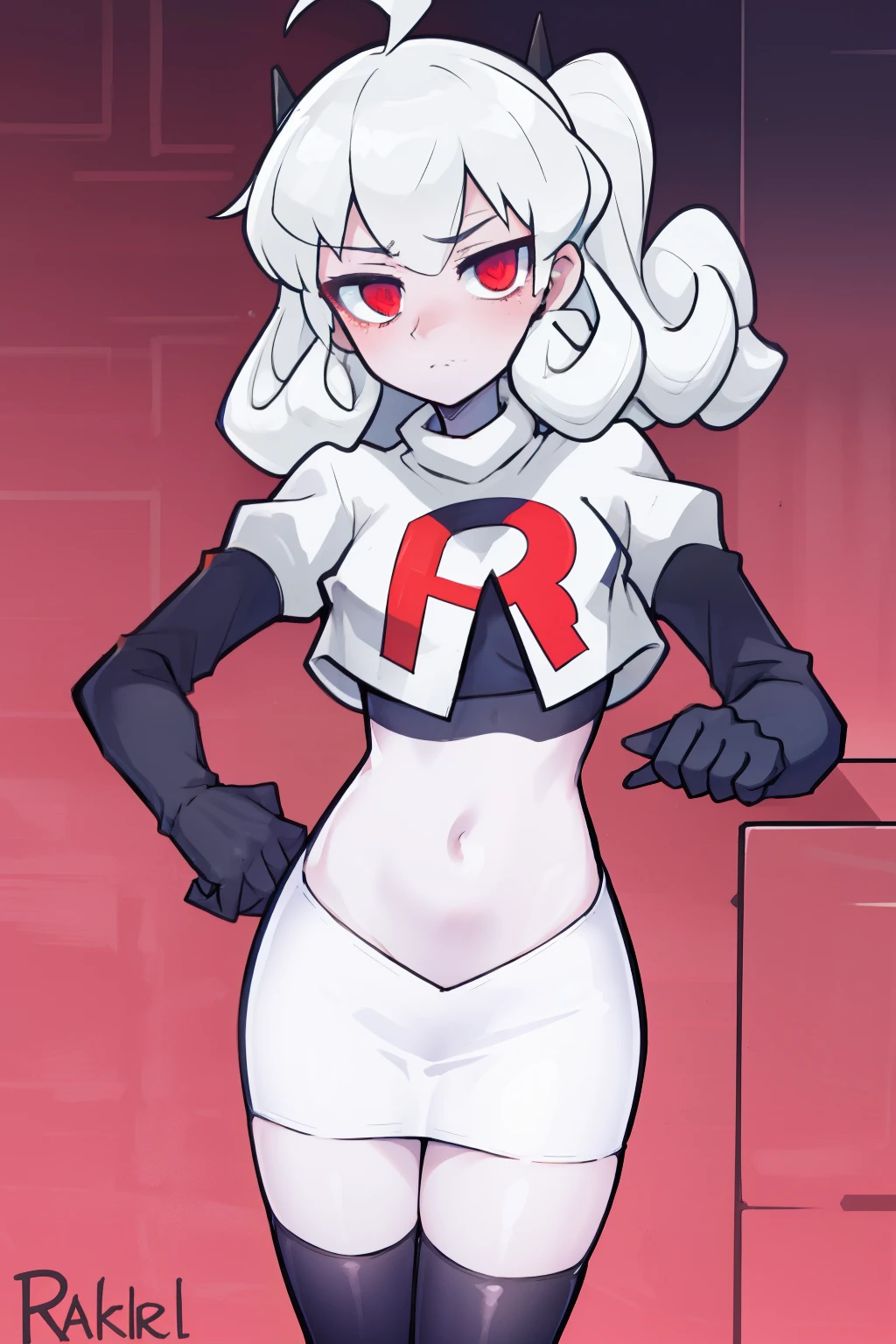 masterpiece, best quality, red eyes, white curly kair, ahoge,team rocket,team rocket uniform,white skirt,red letter R,crop top,black thigh-highs,black elbow gloves, comic strip