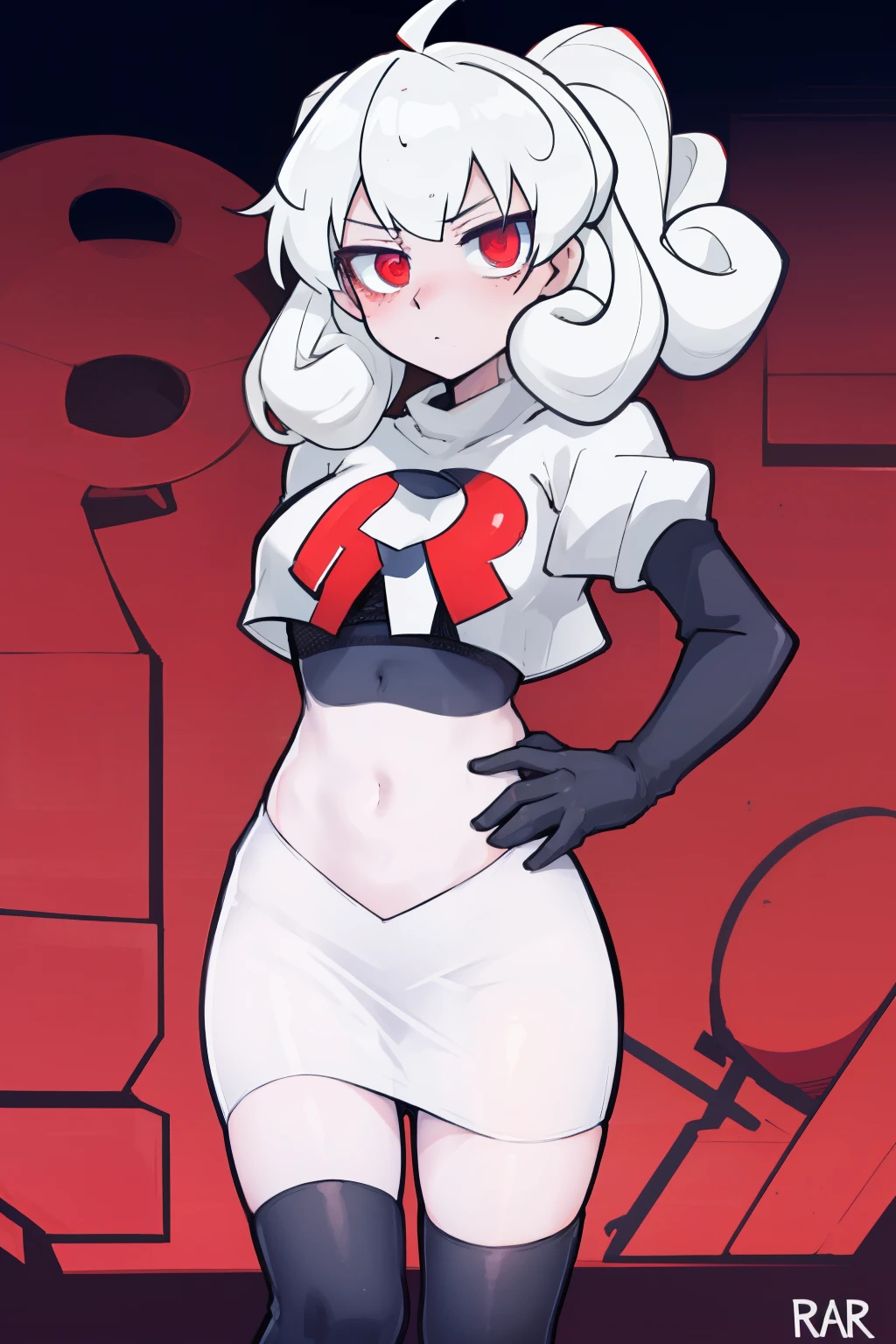 masterpiece, best quality, red eyes, white curly kair, ahoge,team rocket,team rocket uniform,white skirt,red letter R,crop top,black thigh-highs,black elbow gloves, comic strip
