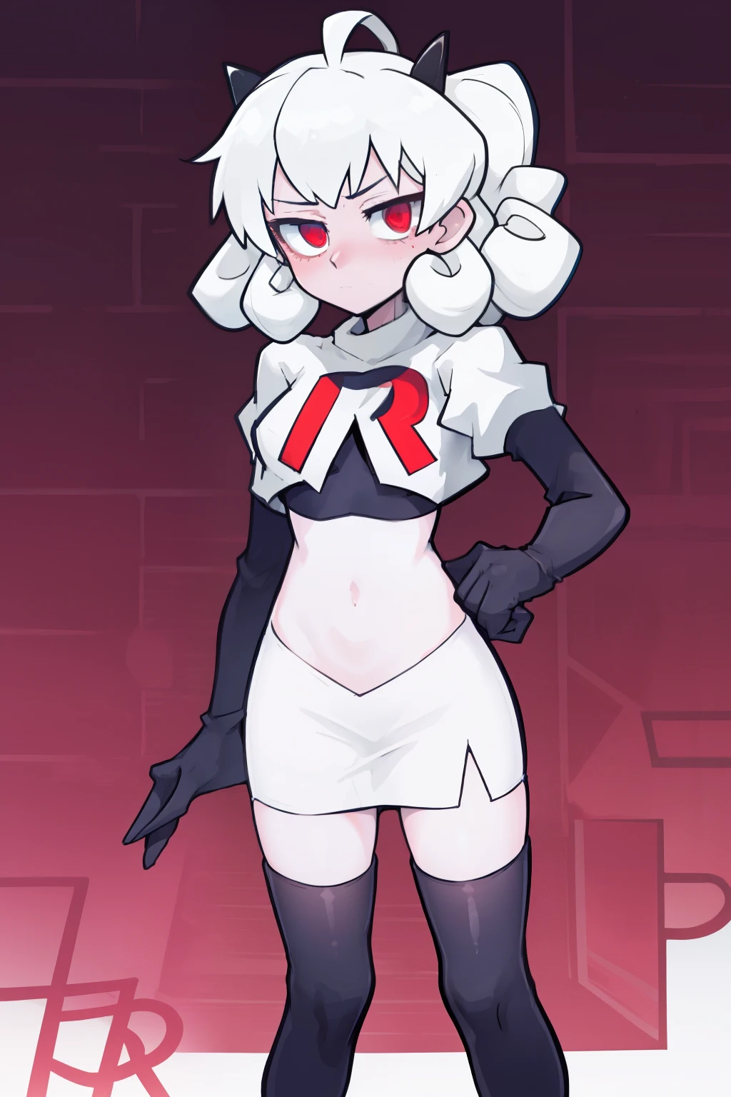 masterpiece, best quality, red eyes, white curly kair, ahoge,team rocket,team rocket uniform,white skirt,red letter R,crop top,black thigh-highs,black elbow gloves, comic strip