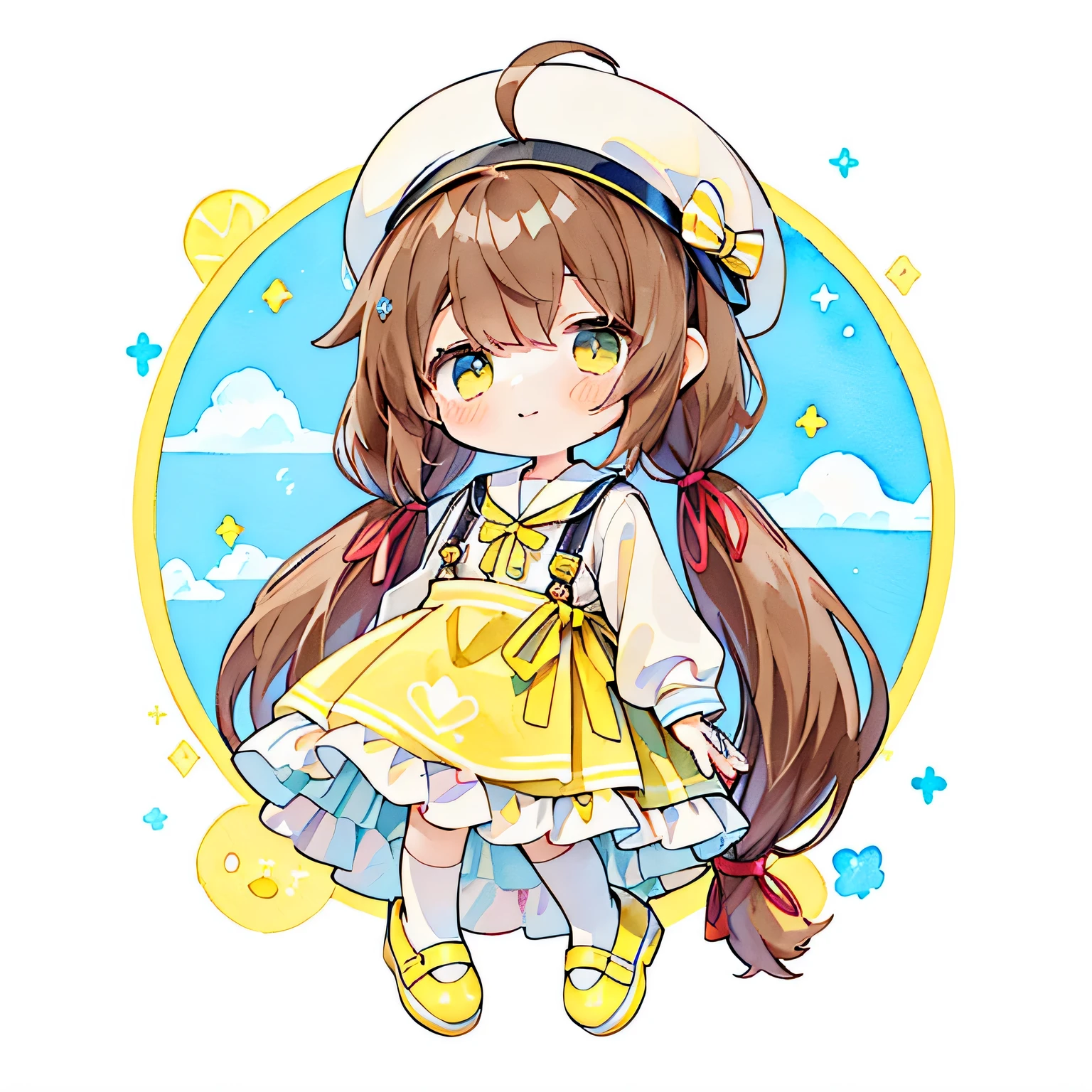 1girl in、(PastelColors:1.3)、(Cute illustration:1.3)、(watercolor paiting:1.1)、white backgrounid、jumpping、levitation、A smile、Aster Harmony Garden 、crybaby、((Light brown twintails tied with a red ribbon：1.8）)、light blue kindergarten wearil skirt、yellow ribbon in the center、White Sox、Kindergartener clothes、((Wearing a yellow hat、Yellow shoes：1.9))、Ahoge、（Chibi：1.8）