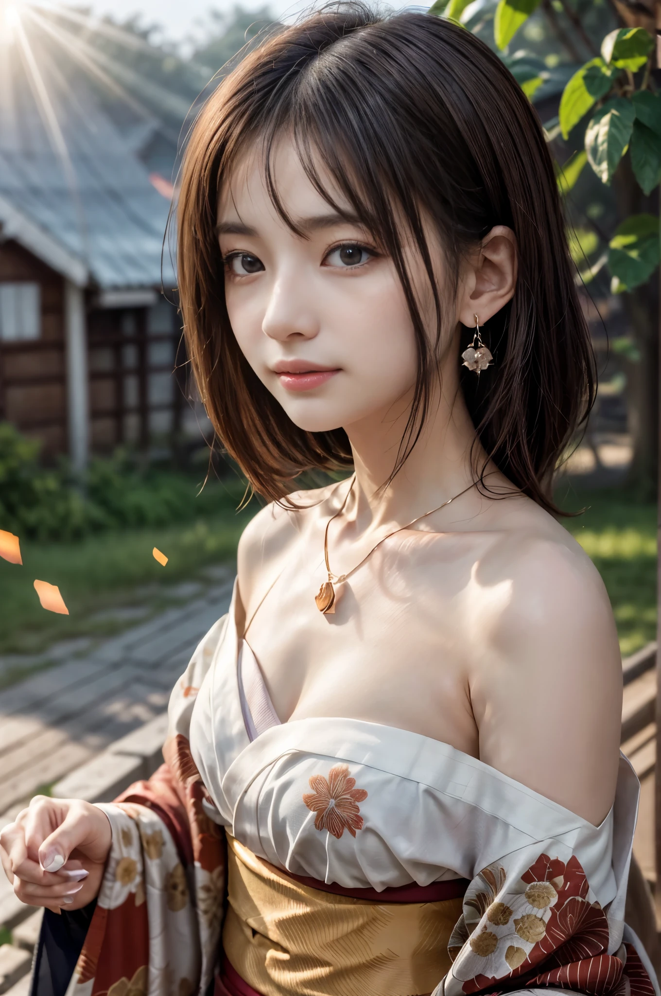 (Photoreal Stick:1.5, masutepiece:1.5, RAW shooting, 8K), (top-quality, masterpiece, 超A high resolution), morning, January, Precincts of the shrine, ((fog the lens:1.4)), ((Shoot with blur:1.5)), ((sunrises, Sunlight coming in from behind:1.6, Strong sunlight spreads across the screen:1.6)), ((Strong sunlight shines on a woman:1.7)), ((The entire screen appears white and hazy due to strong sunlight.:1.8)), ((The woman looks blurry due to the strong sunlight:1.9)), Face Sharp Focus:1.3, Professional camera work:1.3, Highly detailed skin and facial texture:1.3, Grow Light Effect, The ultra-detailliert:1.3, 1girl in, Fair skin, (Sense of clarity:1.4, a small face), Extremely beautiful face:1.5, (Sense of clarityを感じる目:0.9, looking distantly), A smile:1.0, i love you completely:0.8, (Slightly open mouth:0.4, Sense of clarityを感じる口当たり:0.7), 二重まぶた, Dark brown medium hair, necklace and earrings, (japanese kimono, off shoulders)