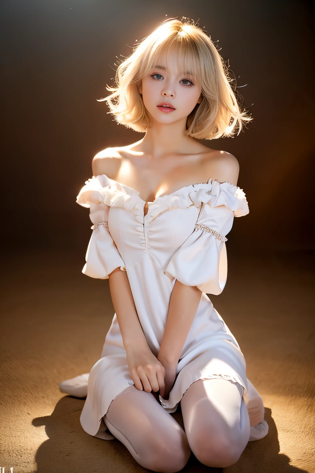 bright expression、Young shiny shiny white shiny skin、Best Looklonde reflected light、Platinum blonde hair with dazzling highlights、shiny light hair,、Super long silky straight hair、Beautiful bangs that shine、Glowing crystal clear attractive big blue eyes、Very beautiful nice cute girl、Lush bust,Beautiful detailed eyes, beautiful detailed nose,(( Full body:1.5)),Makeup that the eyes emphasize、,(Women like Joan of Arc)、Royal style,Comic style, , Sub-surface scattering, ornate detail, nature backdrop, Hyper-realistic, ((Cinematic)), Dramatic Lighting, masutepiece、((Off-the-shoulder white shirt dress:1.4))、((Fight on the battlefield))、(Loose and fluffy perm:1.4)、1 girl in、((Bob Hair:1.3))、Ultra realistic 8K CG, Picture-perfect face, flawless, clean, masutepiece, Professional artwork, famousartwork, Perfect face, Beautiful face, Beautiful eyes, ((Perfect female body)), Solo,(Immersive atmosphere, Chiaroscuro:1.5,Bright light:1.2,Luminous lighting),(blush:0.5),fascinated expression,Extremely detailed_Eyes,thick thighs,Large breasts,beautifullydetailedbackground,depth of fields,Realistic:1.3, longshot,Sitting, Full body, (ambient lights:1.3),(Cinematic composition:1.3),(Neon light:0.1),(nffsw:0.1),Accent Lighting, pantyhose,